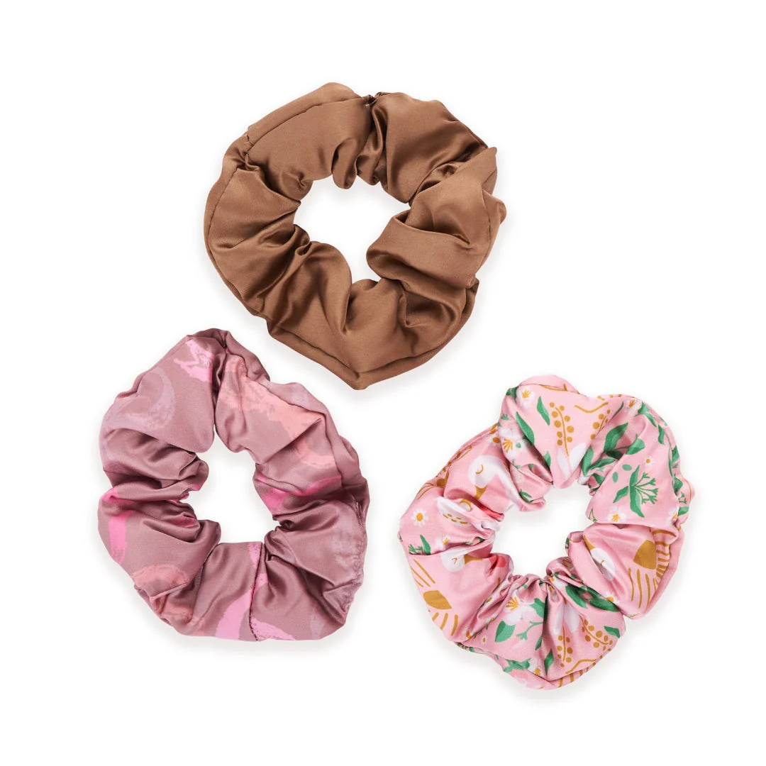 Cloud Satin Hair Scrunchie Set (set of 3) - Mocha Swans - Image 2