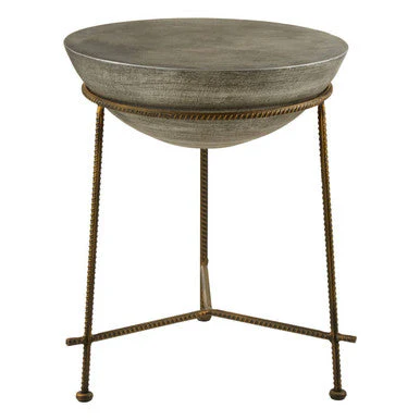 Silver Textured Concrete Bowl Top Side Table with Iron Three Leg Base, Compo - Image 2