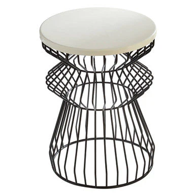 White Top Round Side Table with Black Iron Wire Curved Openwork Base, Corina - Image 4