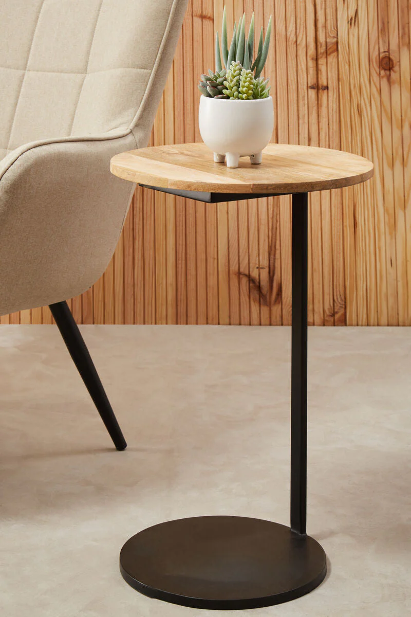 Natural Round Wooden Top C-Shaped Side Table Black Metal Base, Corra - Image 12