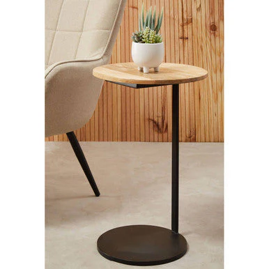 Natural Round Wooden Top C-Shaped Side Table Black Metal Base, Corra - Image 7