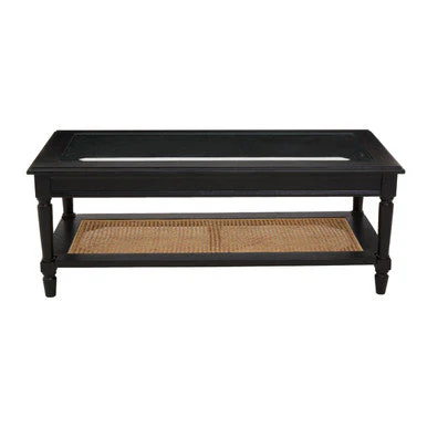 Black Finish Clear Glass Top Coffee Table with Natural Rattan Woven Shelf, Corso - Image 2