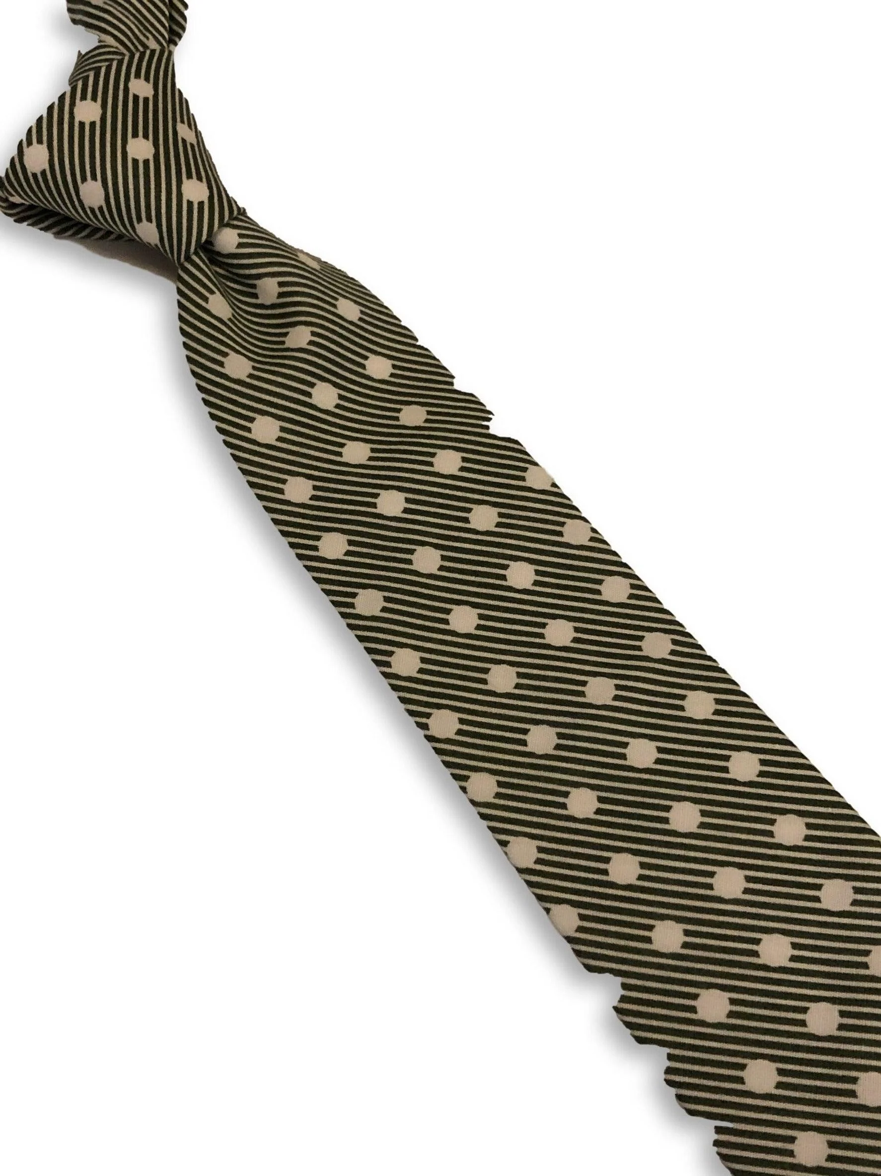 dark forest green and white striped with polka spot design cotton tie - Image 2