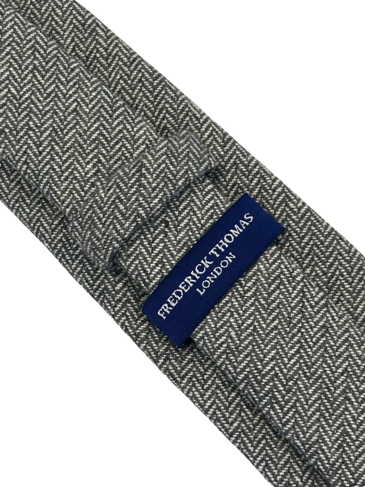dark grey and cream wool tie with a herringbone design - Image 4