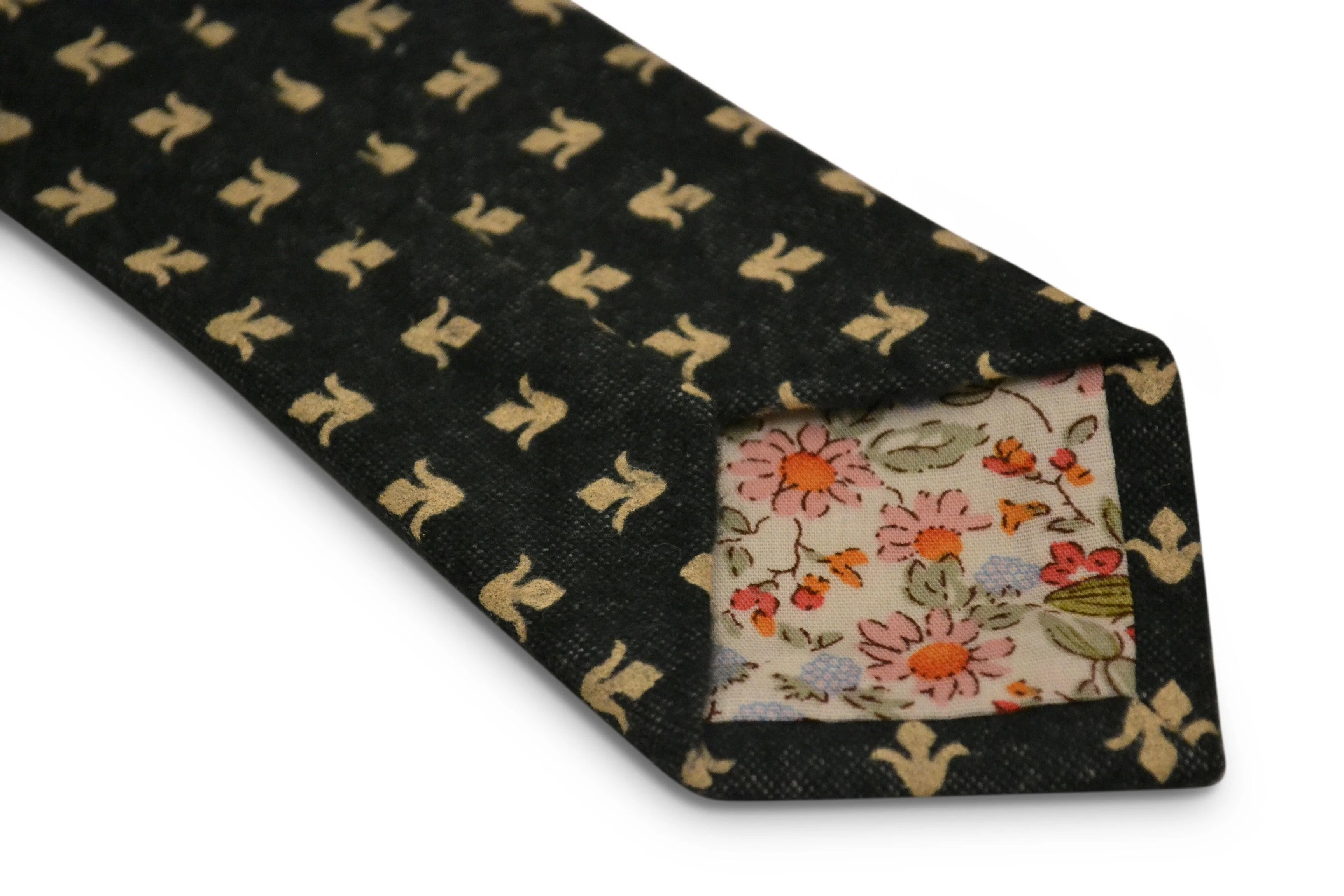 dark grey blue with gold fleur de lis design slim wool tie - Image 3