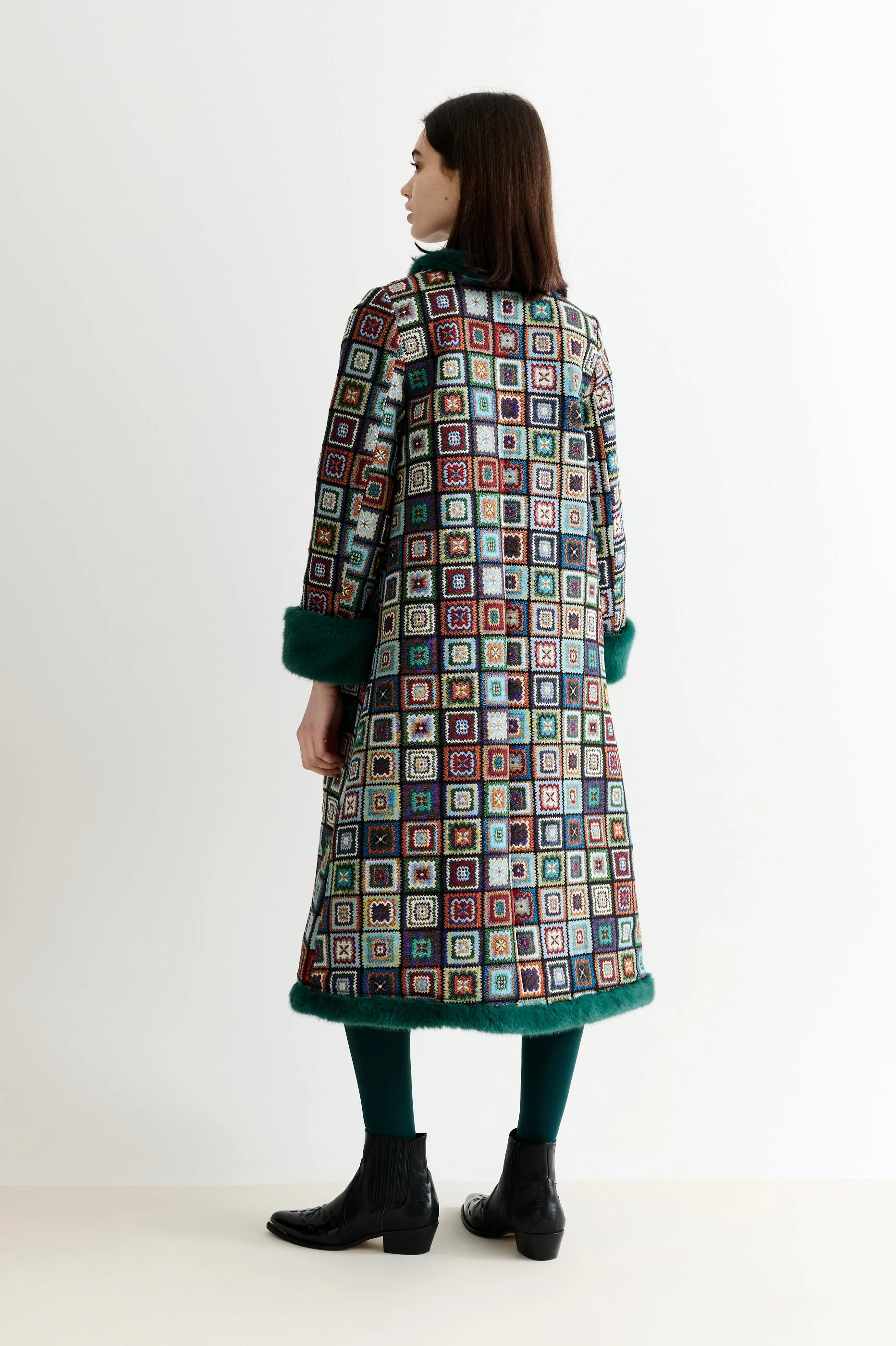 Delphia 70'S Patch Jacquard Fur Trim Coat – Multicoloured - Image 3