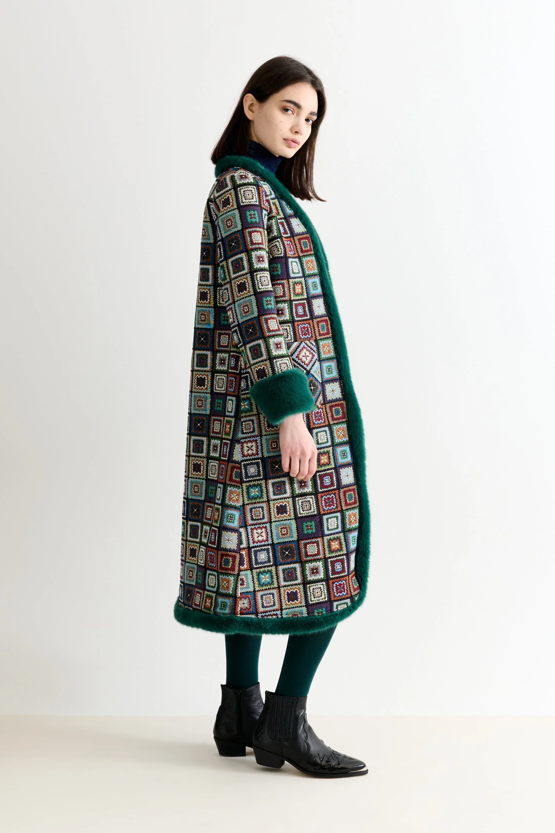 Delphia 70'S Patch Jacquard Fur Trim Coat – Multicoloured - Image 6
