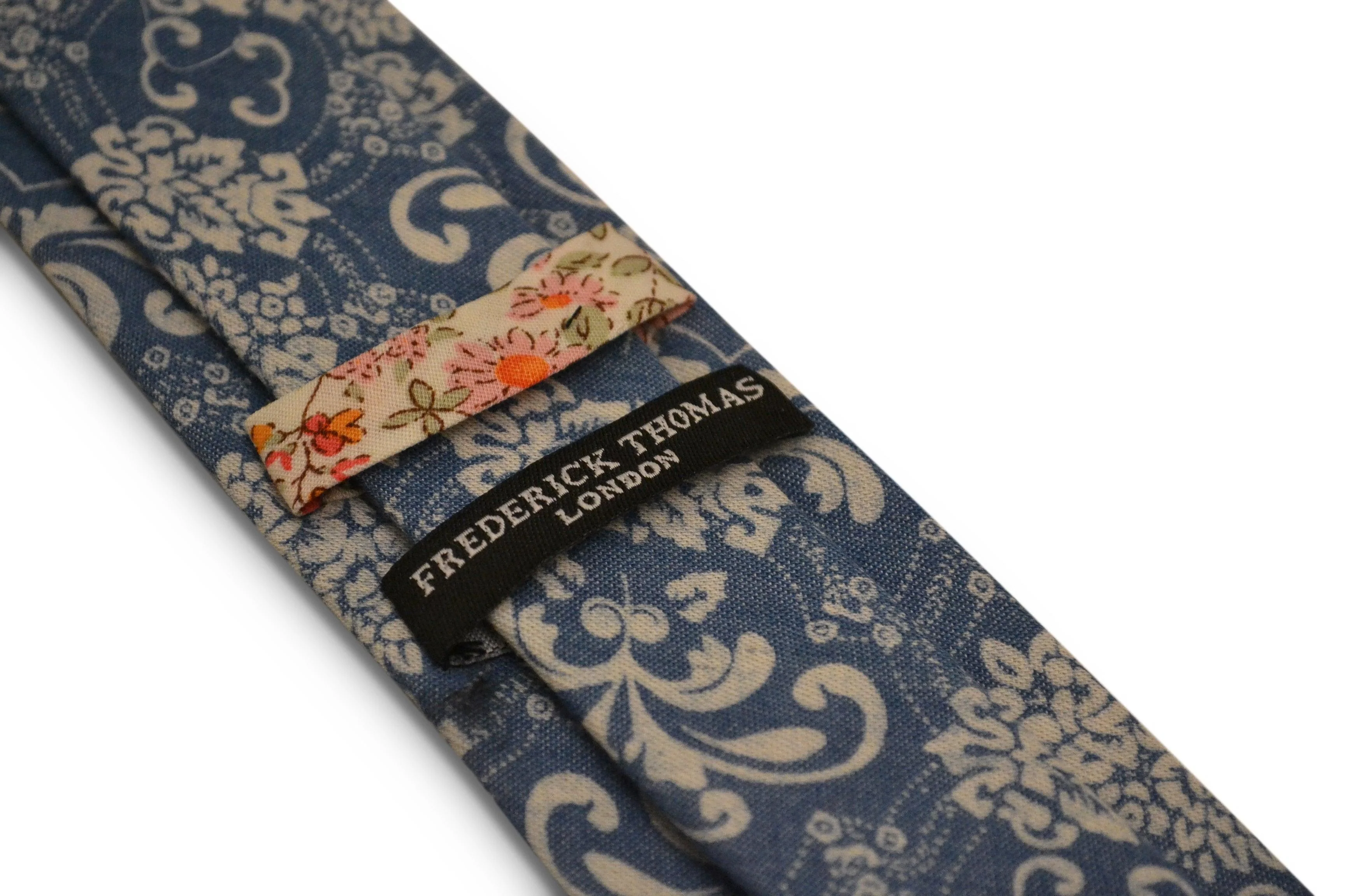 denim medium blue with white damask floral design cotton tie - Image 2
