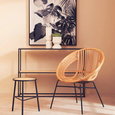 Black Metal Frame 2-Tier Console Table with Natural Rattan Shelving, Depok - Image 3