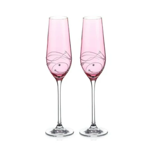 Diamante Pink Champagne Flutes with Spiral Design Cutting - Set of 2 - In Gift Box