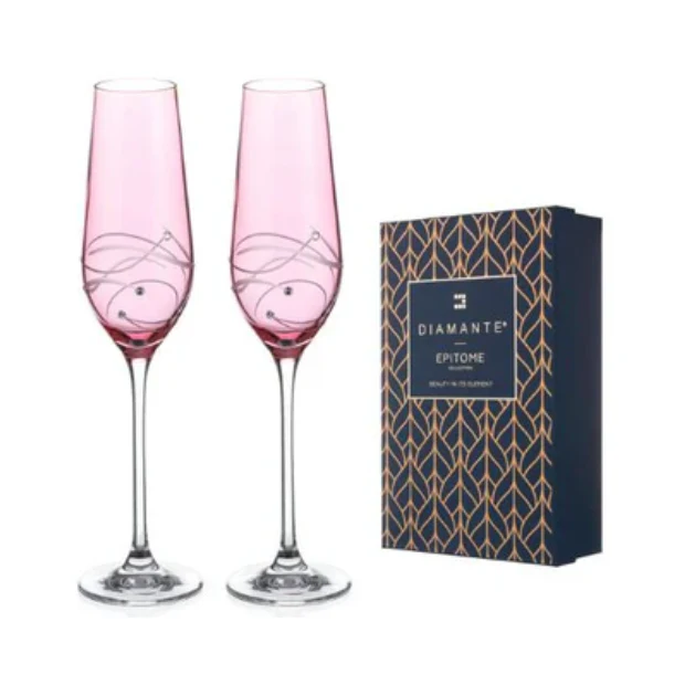 Diamante Pink Champagne Flutes with Spiral Design Cutting - Set of 2 - In Gift Box - Image 2