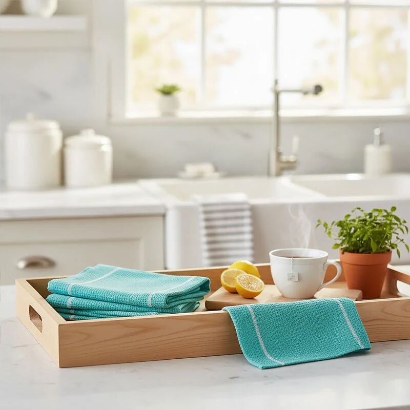 Doro Set Of 3 Green and White Waffle Tea Towels - Image 3