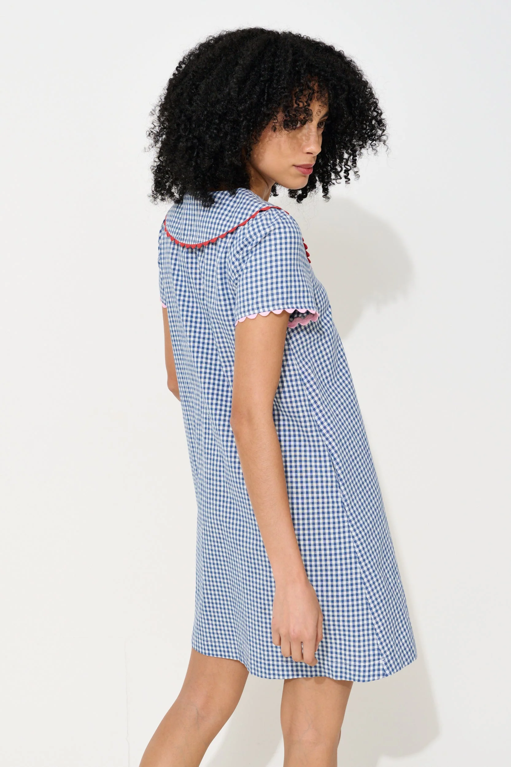 Dot Gingham Ric Rac Trim Statement Collar Mini Dress - Blue - Image 2