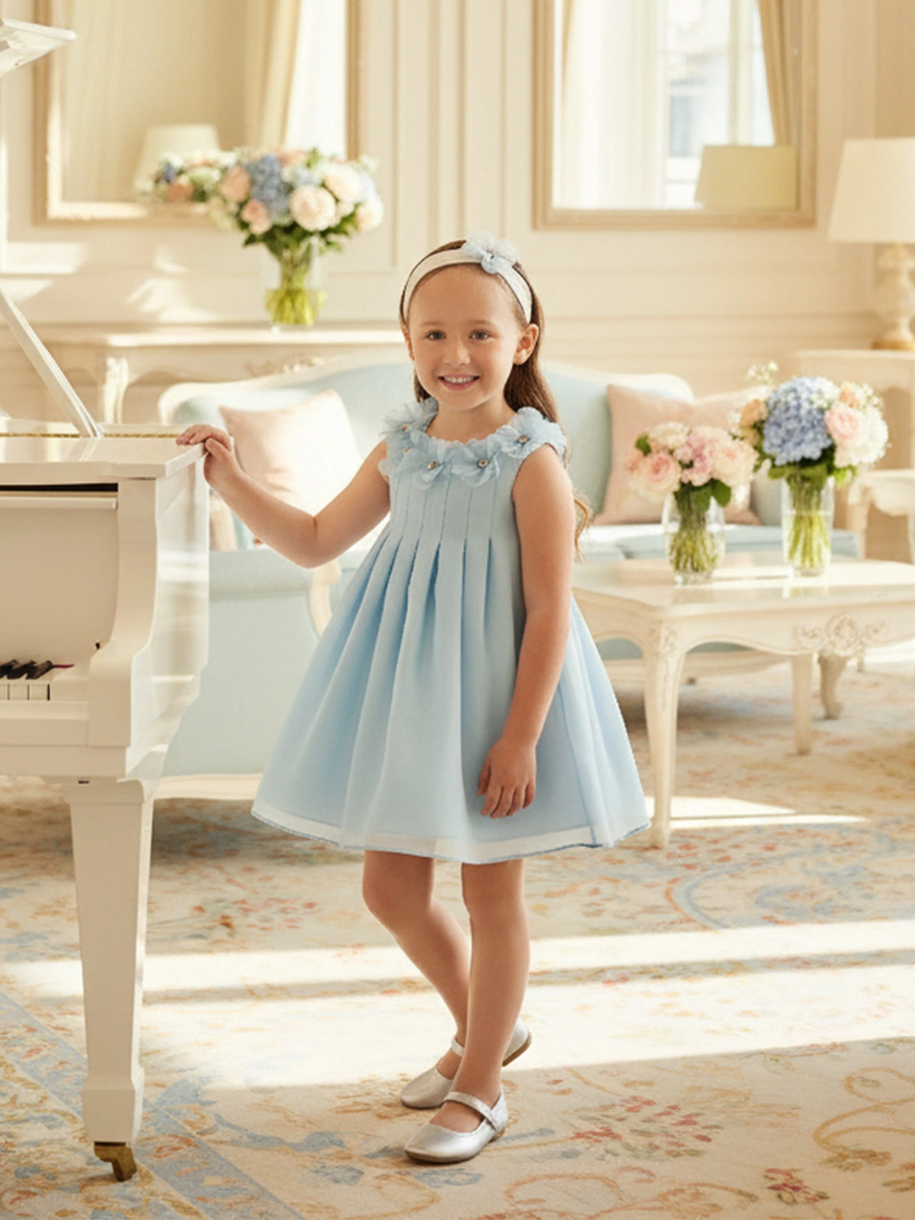 Dress & Fleur Baby Girls Occasion Dress with Headband in Blue - Image 3
