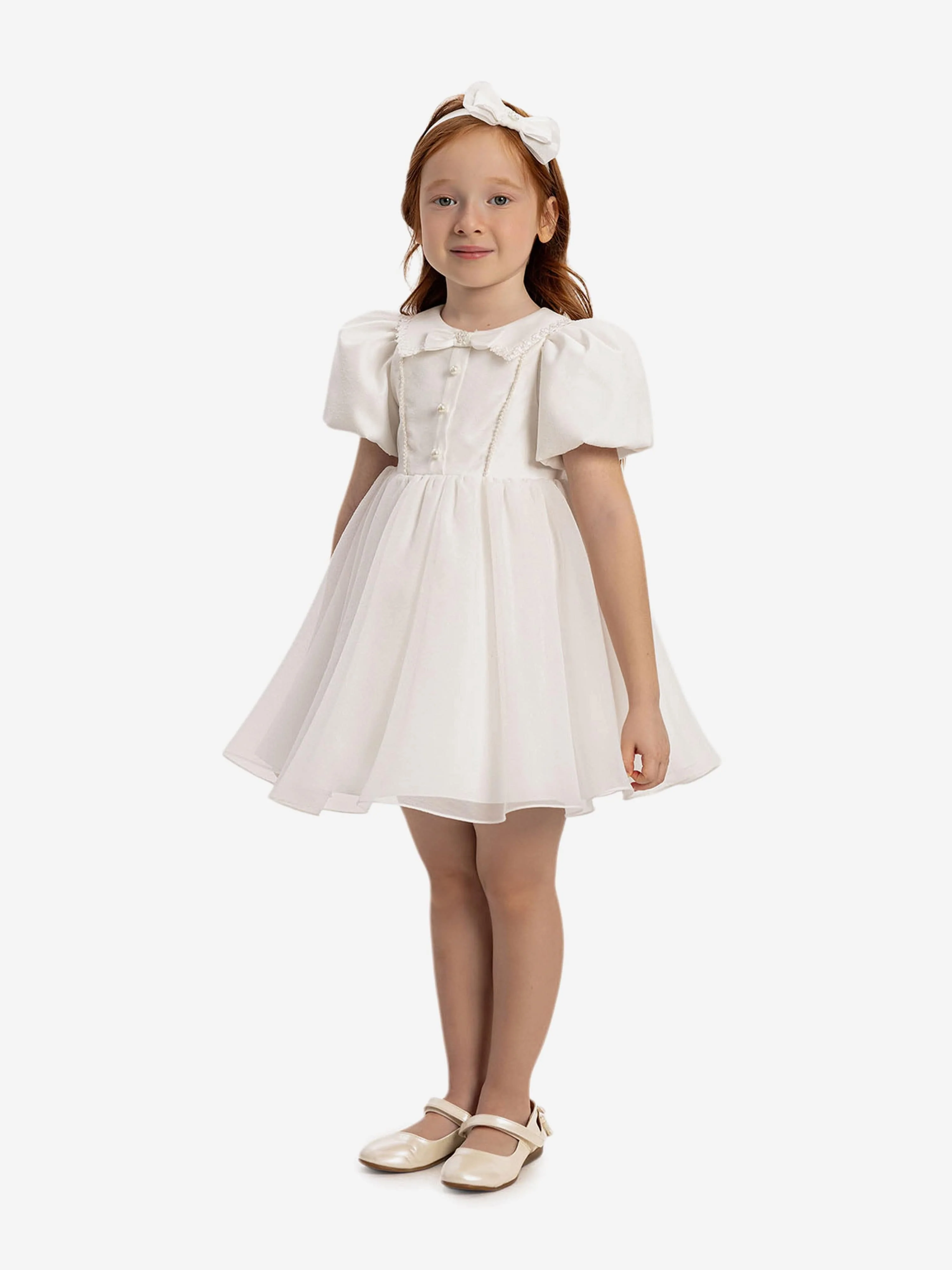 Dress & Fleur Baby Girls Pearl Detail Dress with Headband in White - Image 3