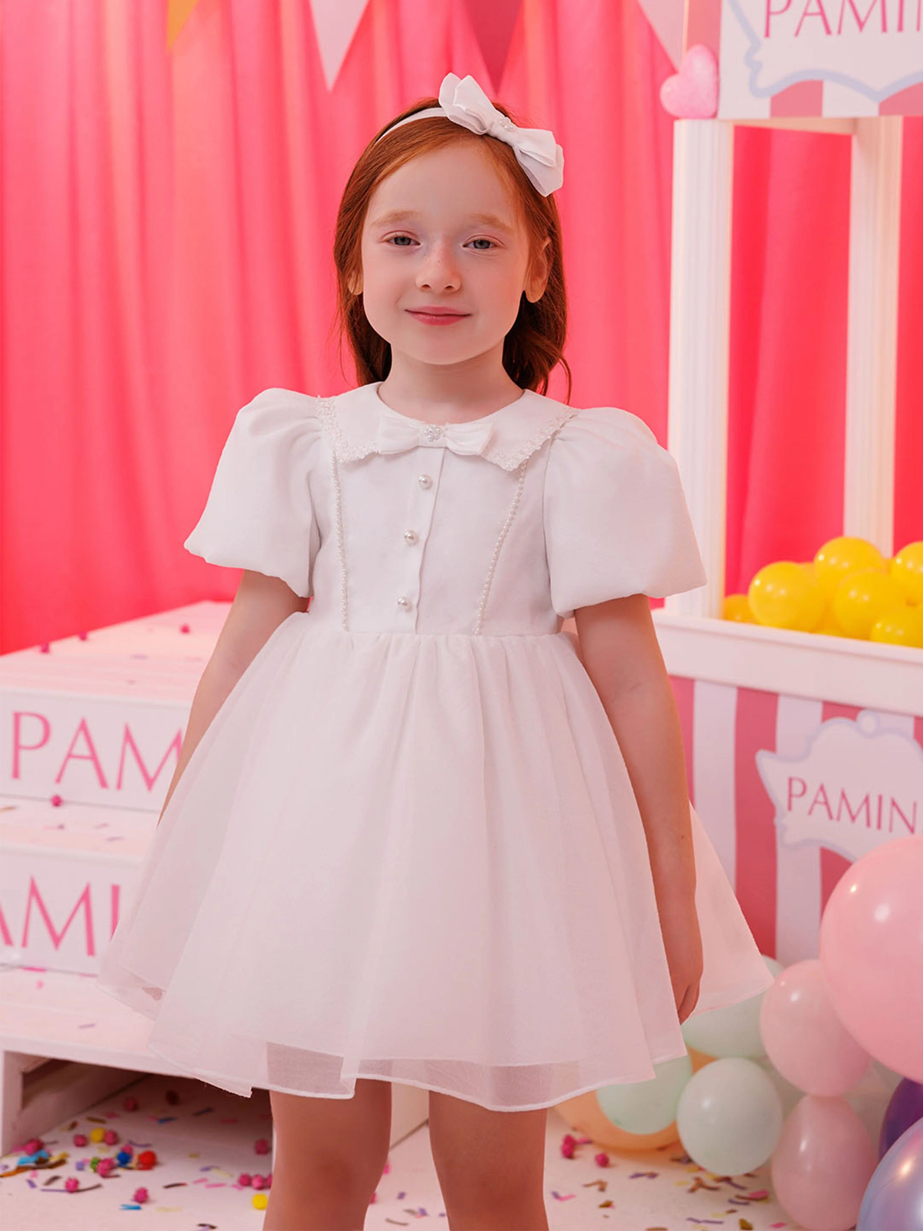 Dress & Fleur Baby Girls Pearl Detail Dress with Headband in White - Image 6