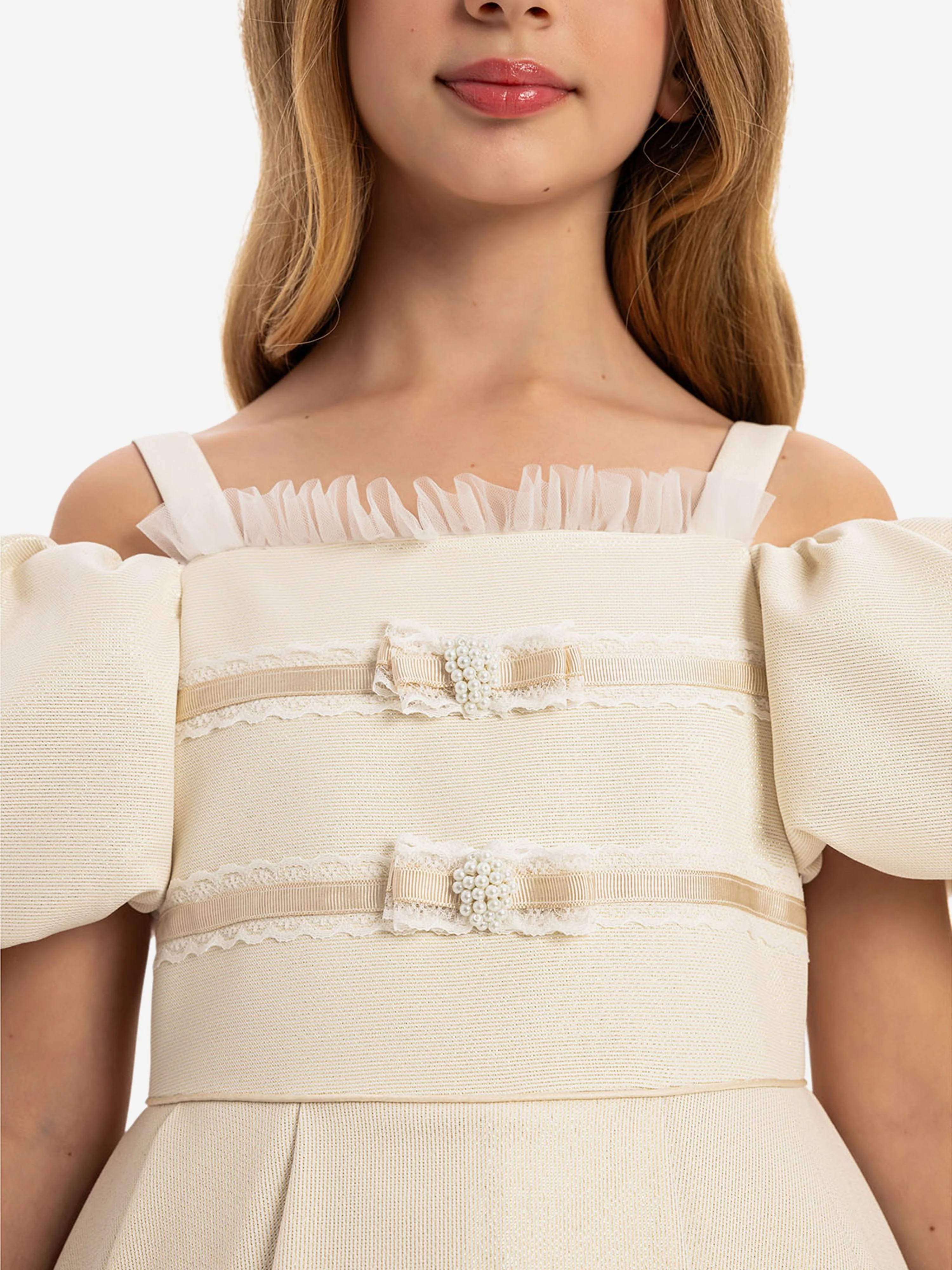 Dress & Fleur Girls Puff Sleeve Dress with Bag in Beige - Image 4