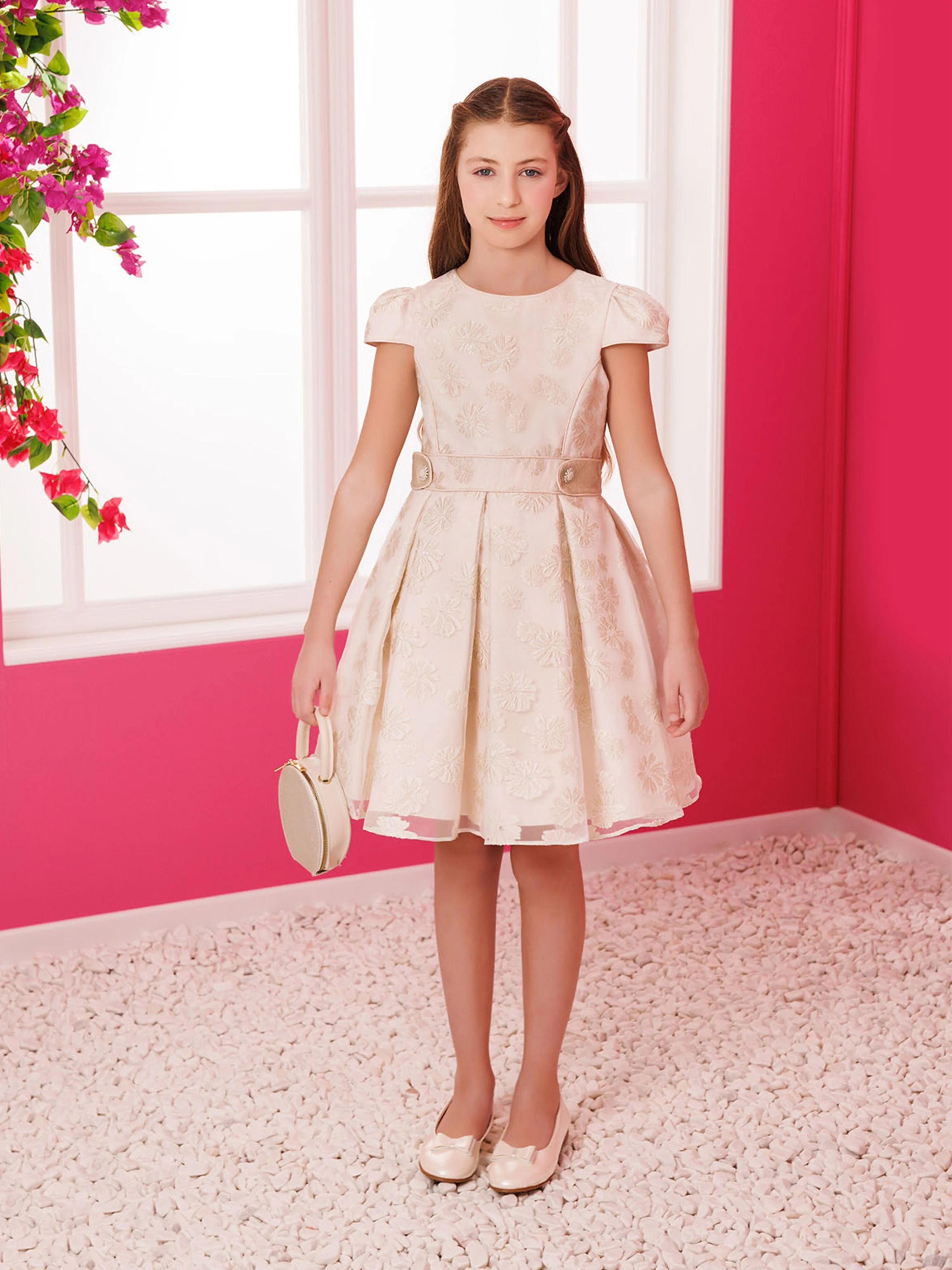 Dress & Fleur Girls Stylish Dress with Matching Bag in Beige - Image 6