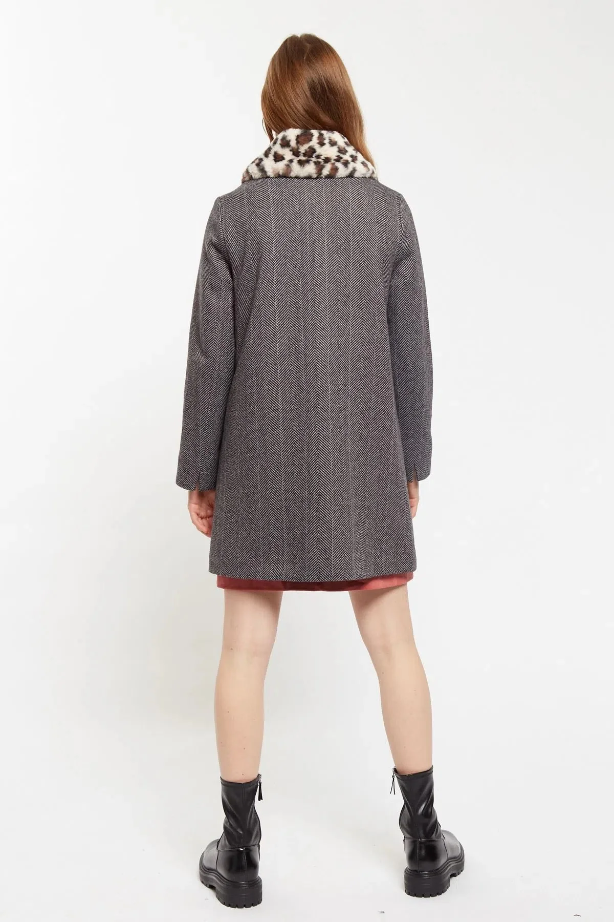 Dryden Herringbone Faux Fur Collar A Line Coat - Image 2