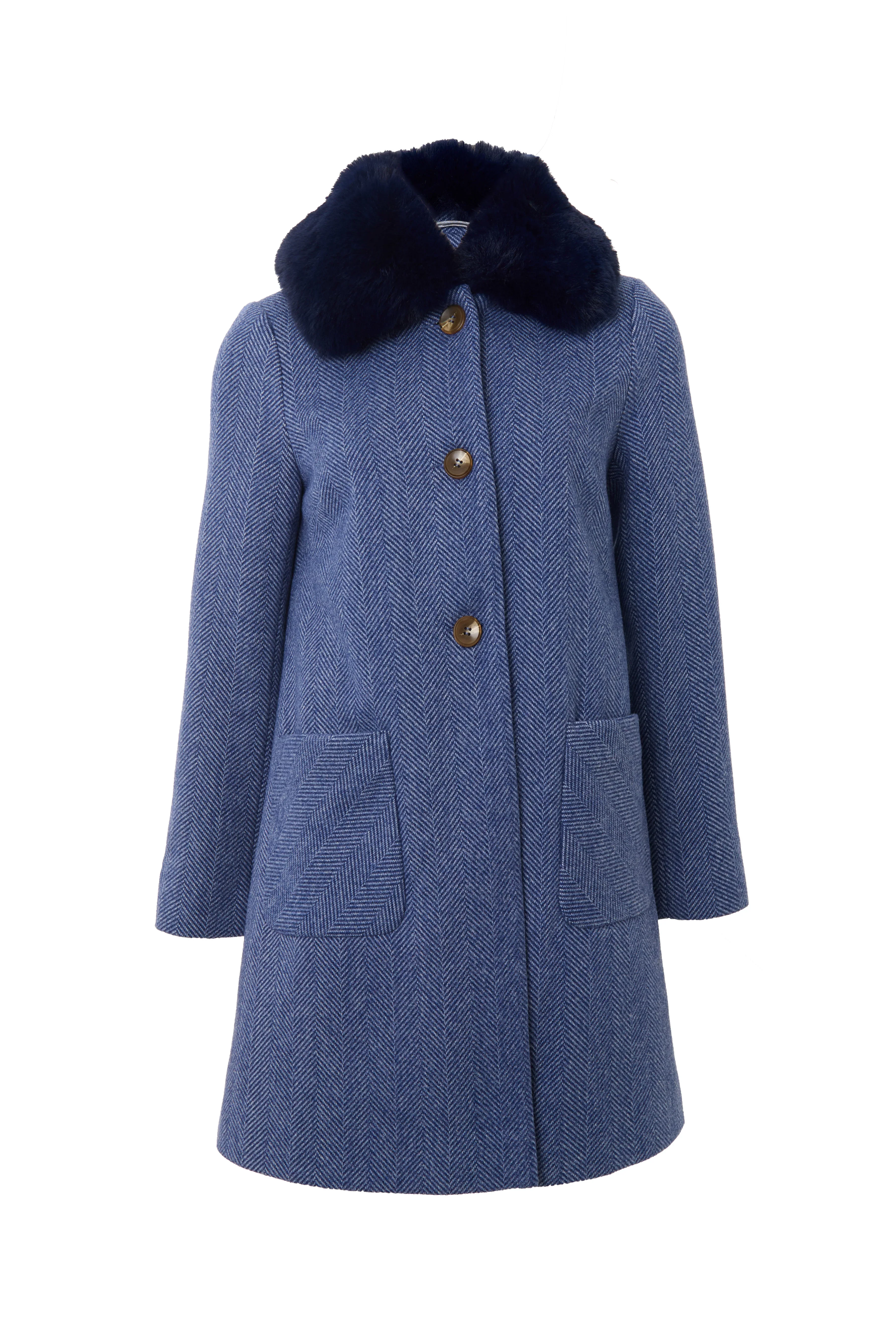 Dryden Herringbone Fur Collared Coat - Blue - Image 7
