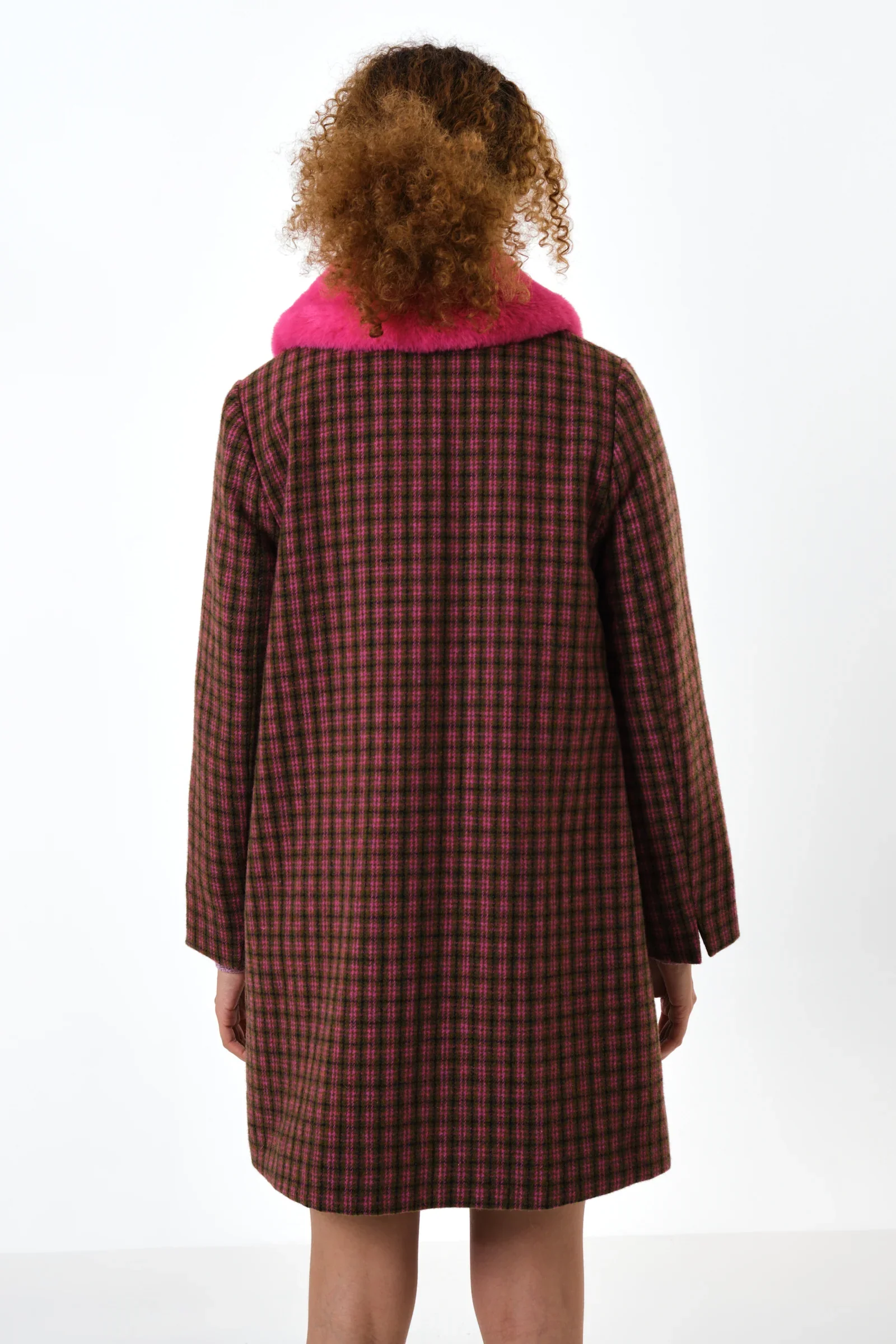 Dryden Wyoming Check Faux Fur Collar Coat - Pink - Image 2