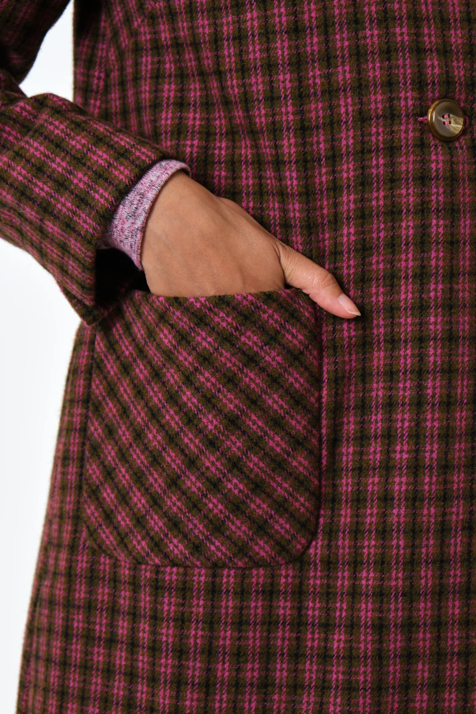 Dryden Wyoming Check Faux Fur Collar Coat - Pink - Image 3