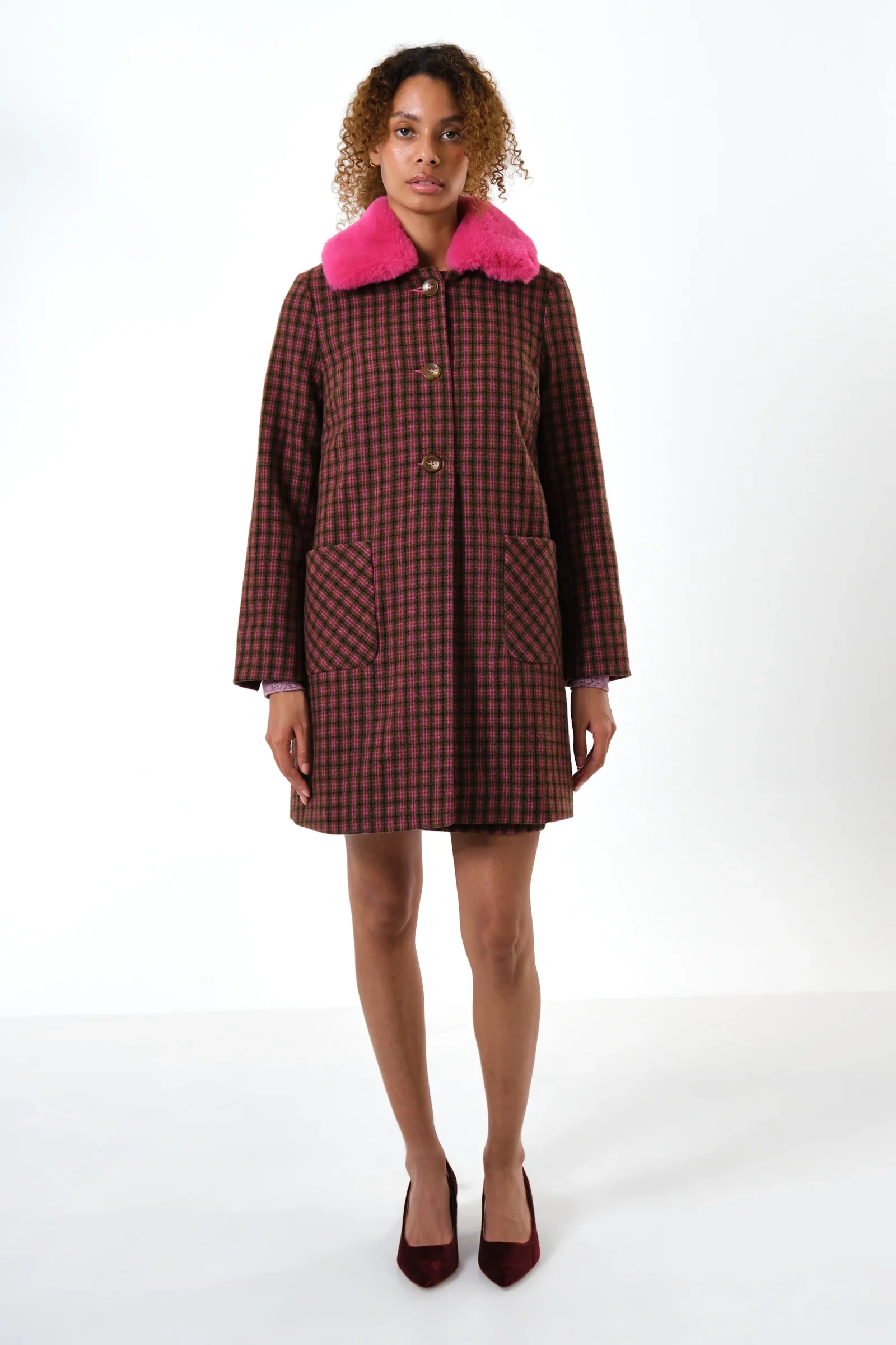 Dryden Wyoming Check Faux Fur Collar Coat - Pink - Image 6