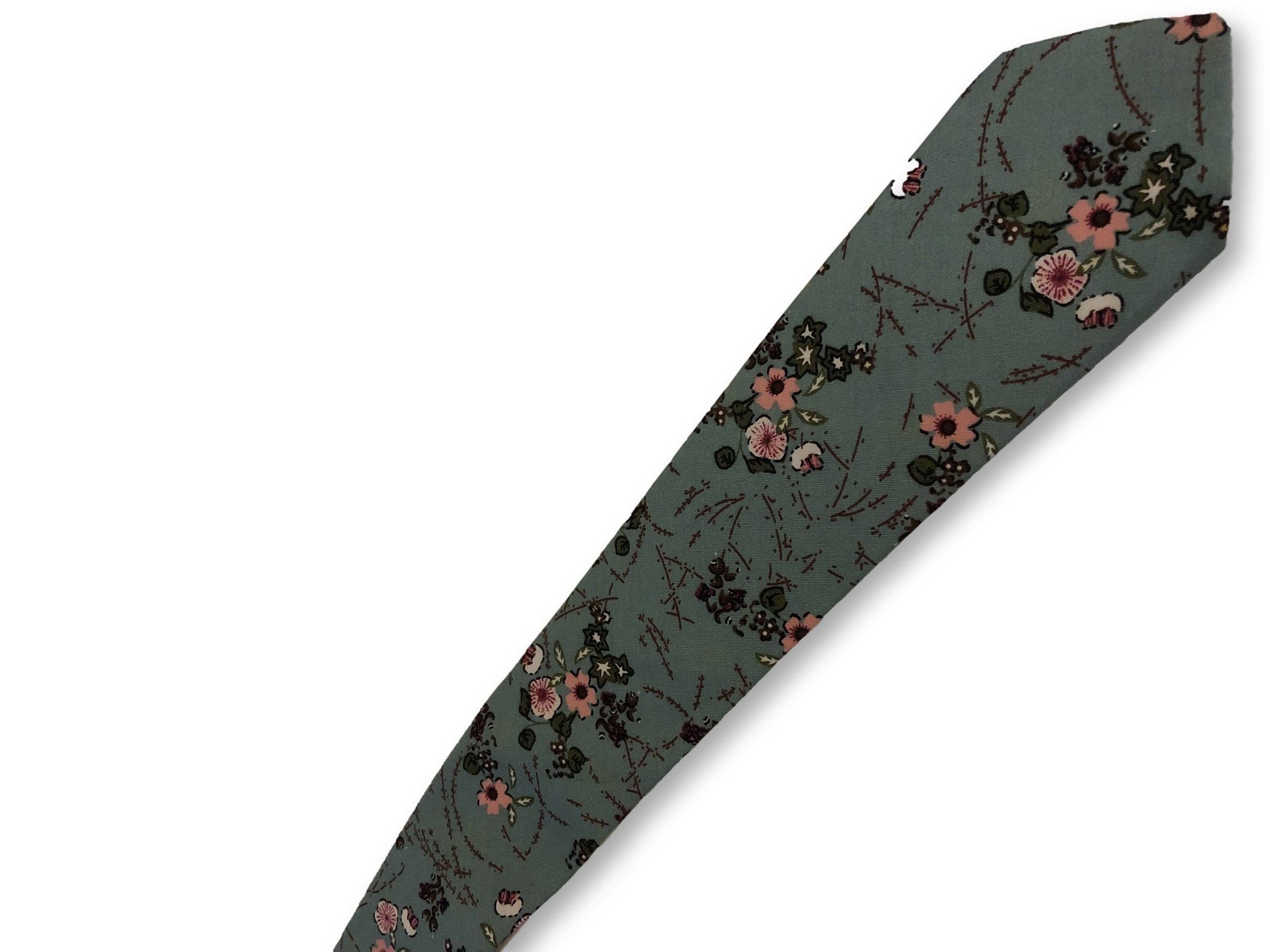 duck egg blue with pink floral design cotton tie - Image 2