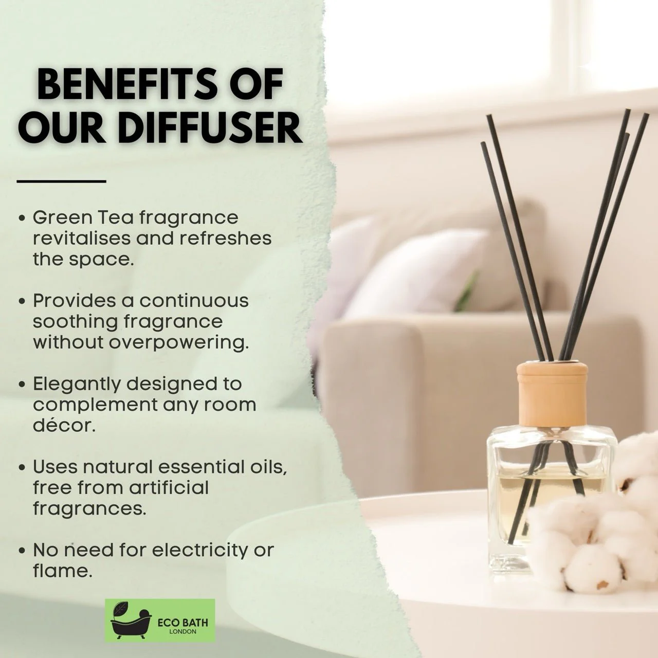Eco Bath London Green Tea Reed Diffuser - Refreshing Room Fragrance with Notes of Bergamot and Green Tea, 100ml (3.38 Fl.Oz) - Image 4