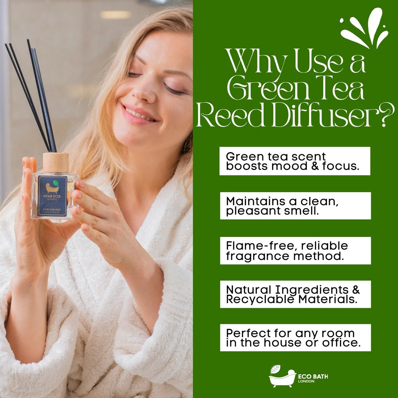 Eco Bath London Green Tea Reed Diffuser - Refreshing Room Fragrance with Notes of Bergamot and Green Tea, 100ml (3.38 Fl.Oz) - Image 5
