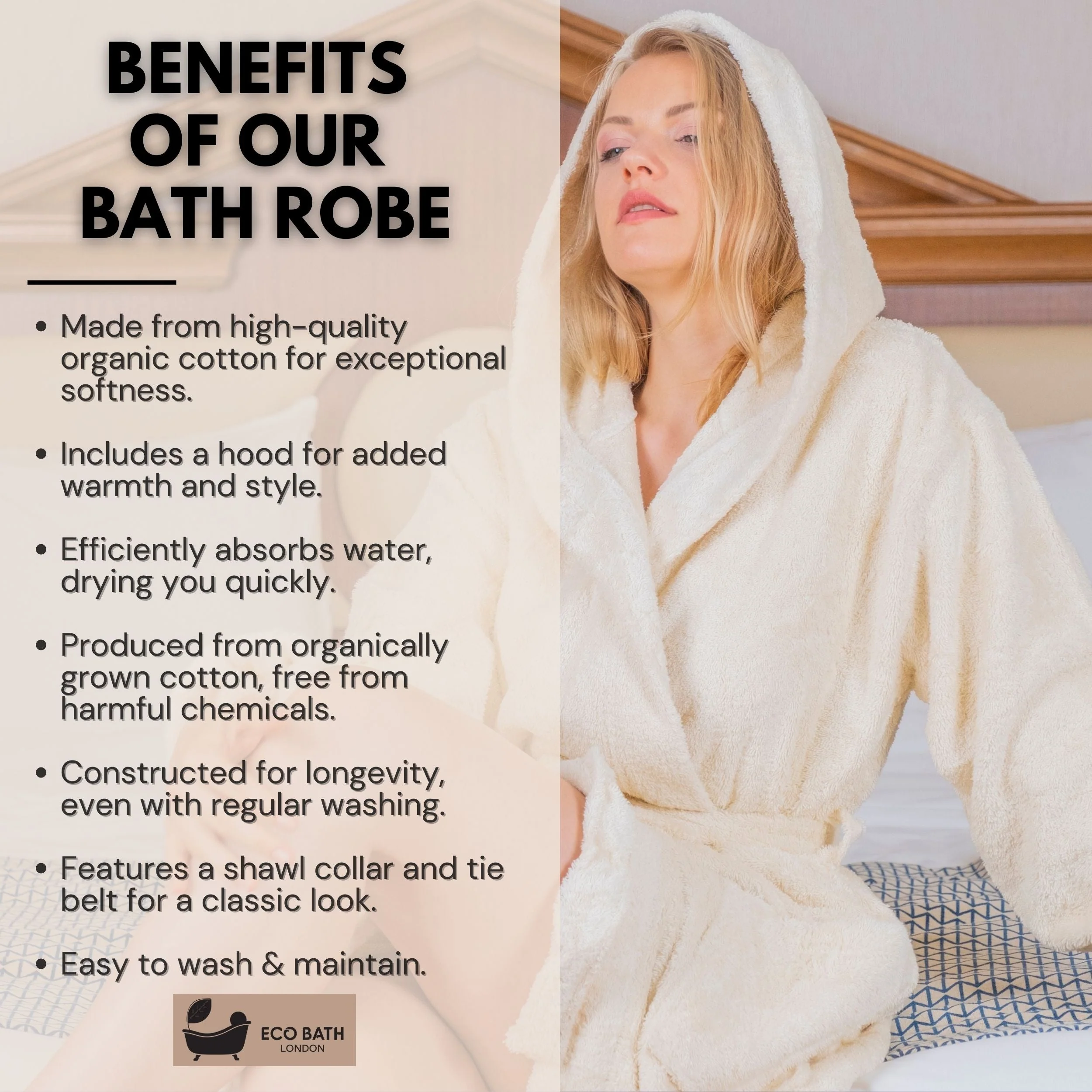 Eco Bath London Hooded Organic Cotton Bath Robe - 100% Certified Organic Cotton - Image 3