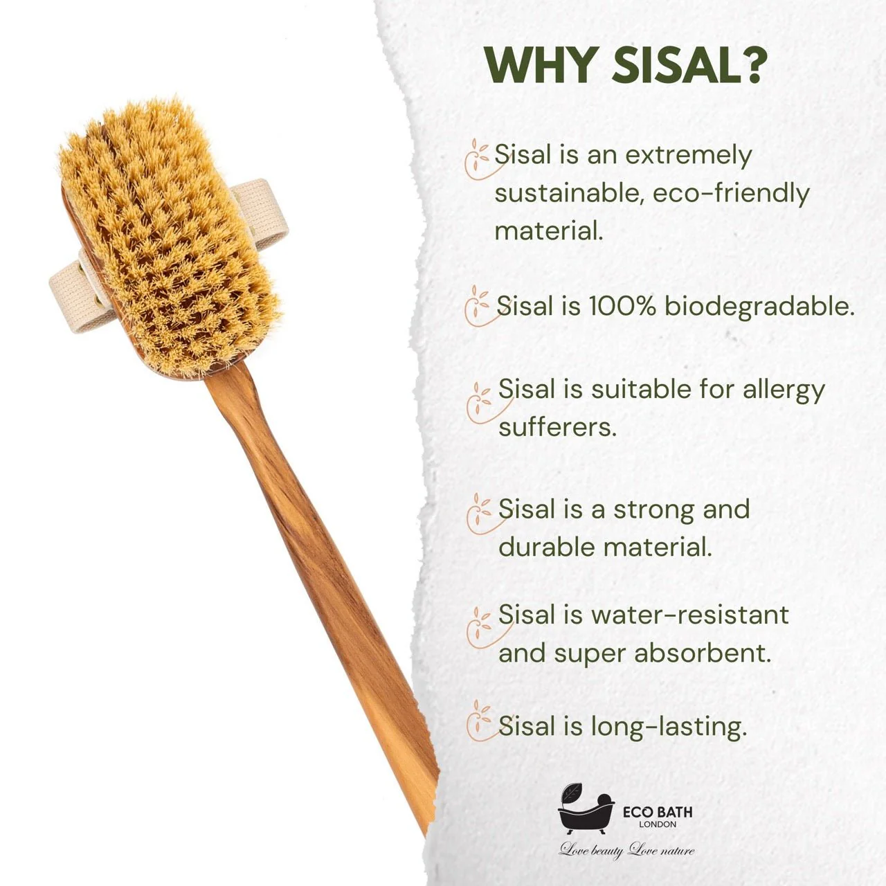 Eco Bath London Luxury Natural Sisal Olive Wood Body Brush - The Ultimate Dry Brushing Body Brush - Image 4