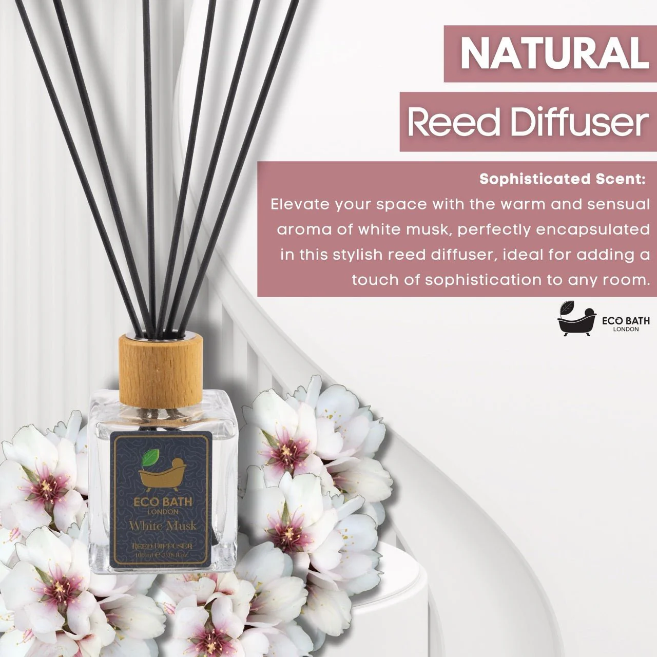 Eco Bath London White Musk Reed Diffuser - Fresh and Sweet Fruits Scented Room Diffuser with Lemon, Mandarin, Green Pear, and Bergamot, 100ml (3.38 Fl.Oz) - Image 3