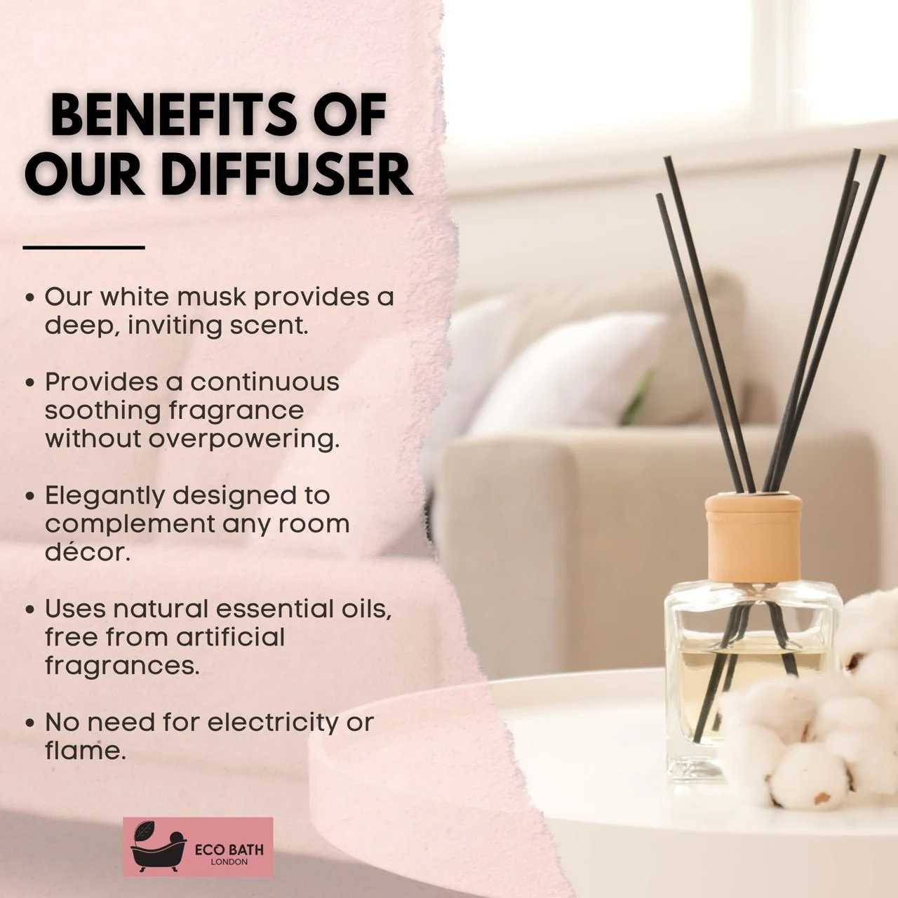 Eco Bath London White Musk Reed Diffuser - Fresh and Sweet Fruits Scented Room Diffuser with Lemon, Mandarin, Green Pear, and Bergamot, 100ml (3.38 Fl.Oz) - Image 4