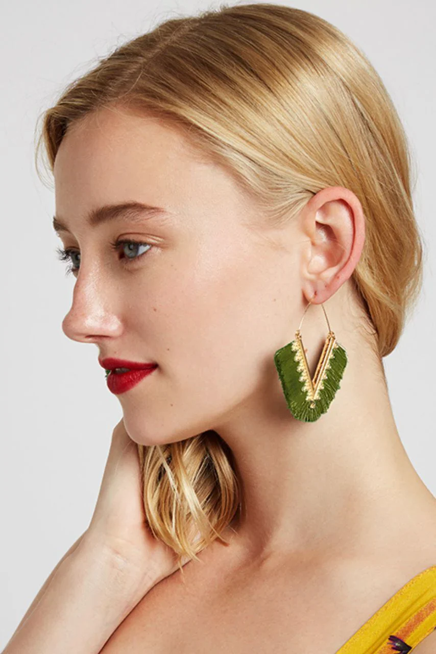 Edna V-Shape Silk Tassel Hoop Earrings - Khaki - Image 2