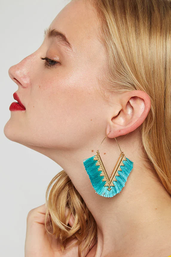 Edna V-Shape Silk Tassel Hoop Earrings - Turquoise - Image 3