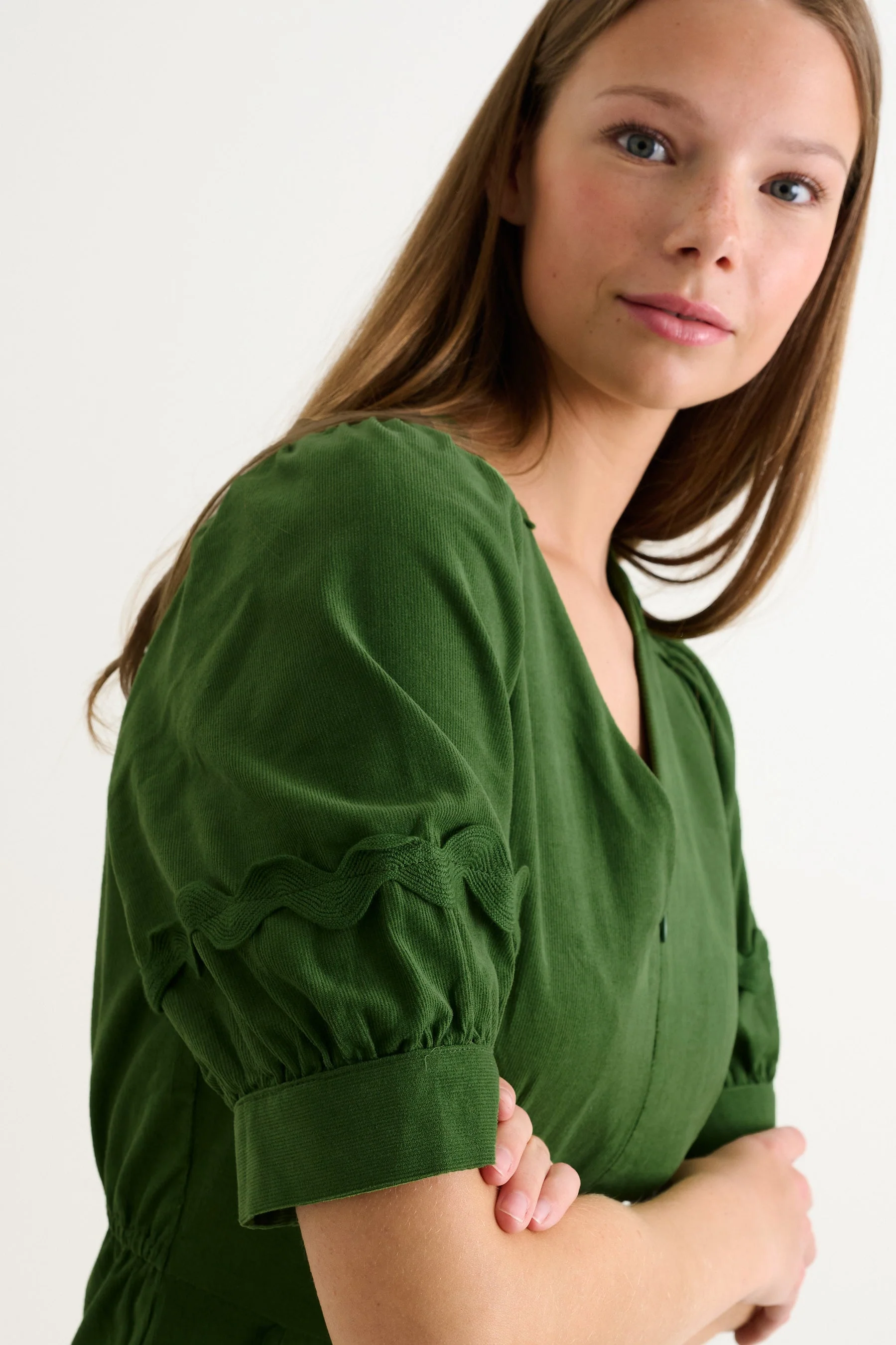 Finlay Babycord V Neck Ric Rac Trim Jumpsuit - Olive Green - Image 4