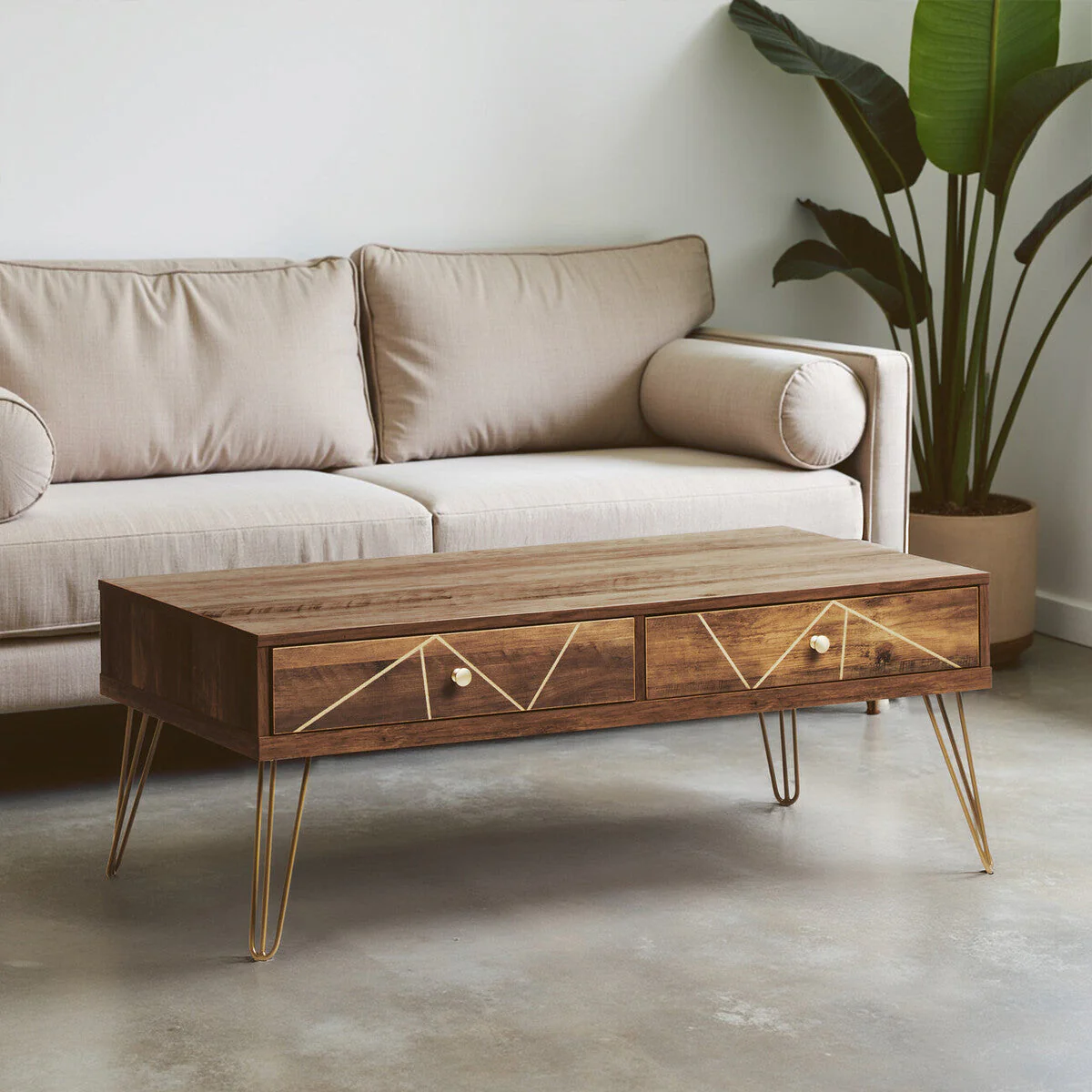 Brown Wood Top 2-Drawer Coffee Table with Hairpin Legs, Flori