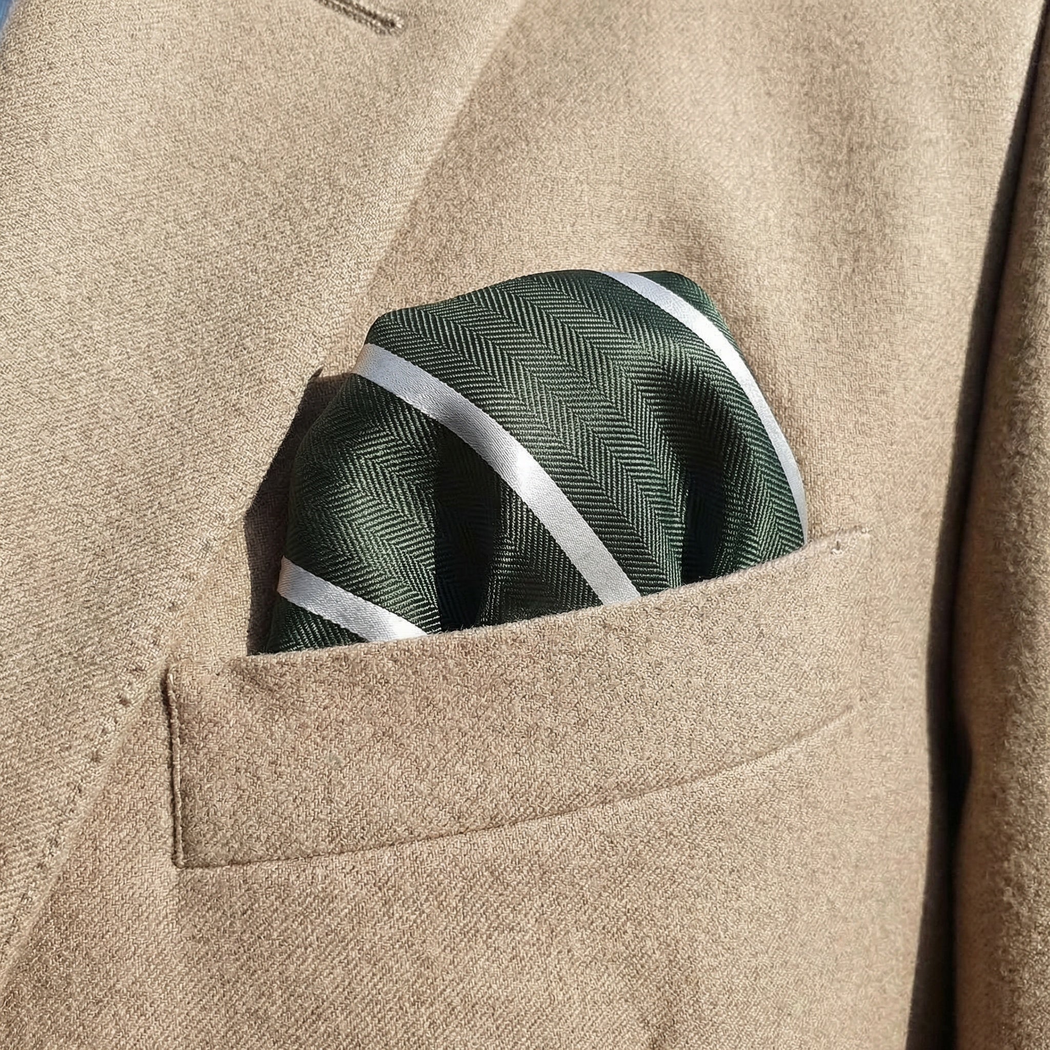 Forest Green & White Stripe Pocket Square - Hawksmoor Edit - Image 2