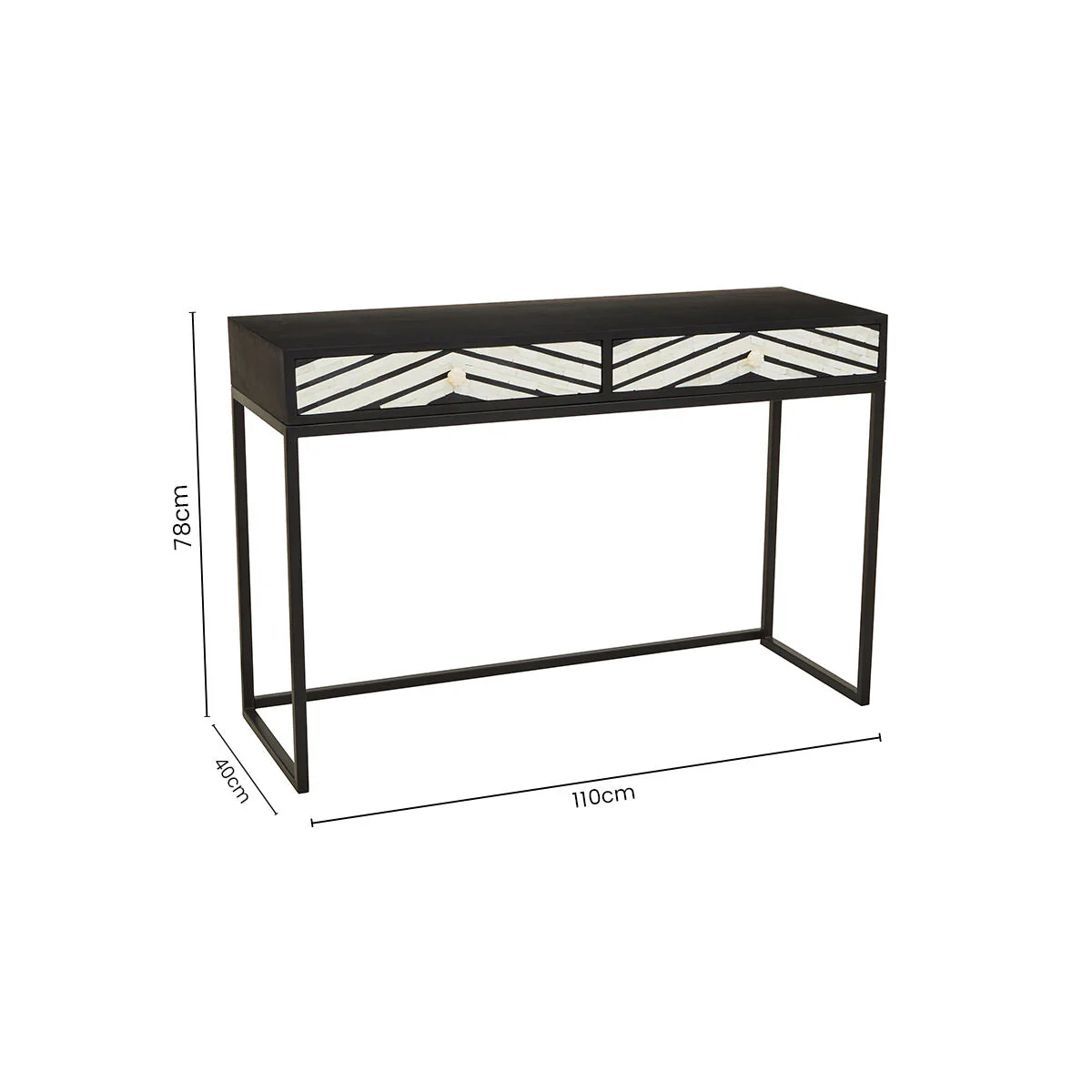 Black Wood 2-Drawer Console Table with Black and White Bone Inlay Chevron Fronts, Fusion - Image 11