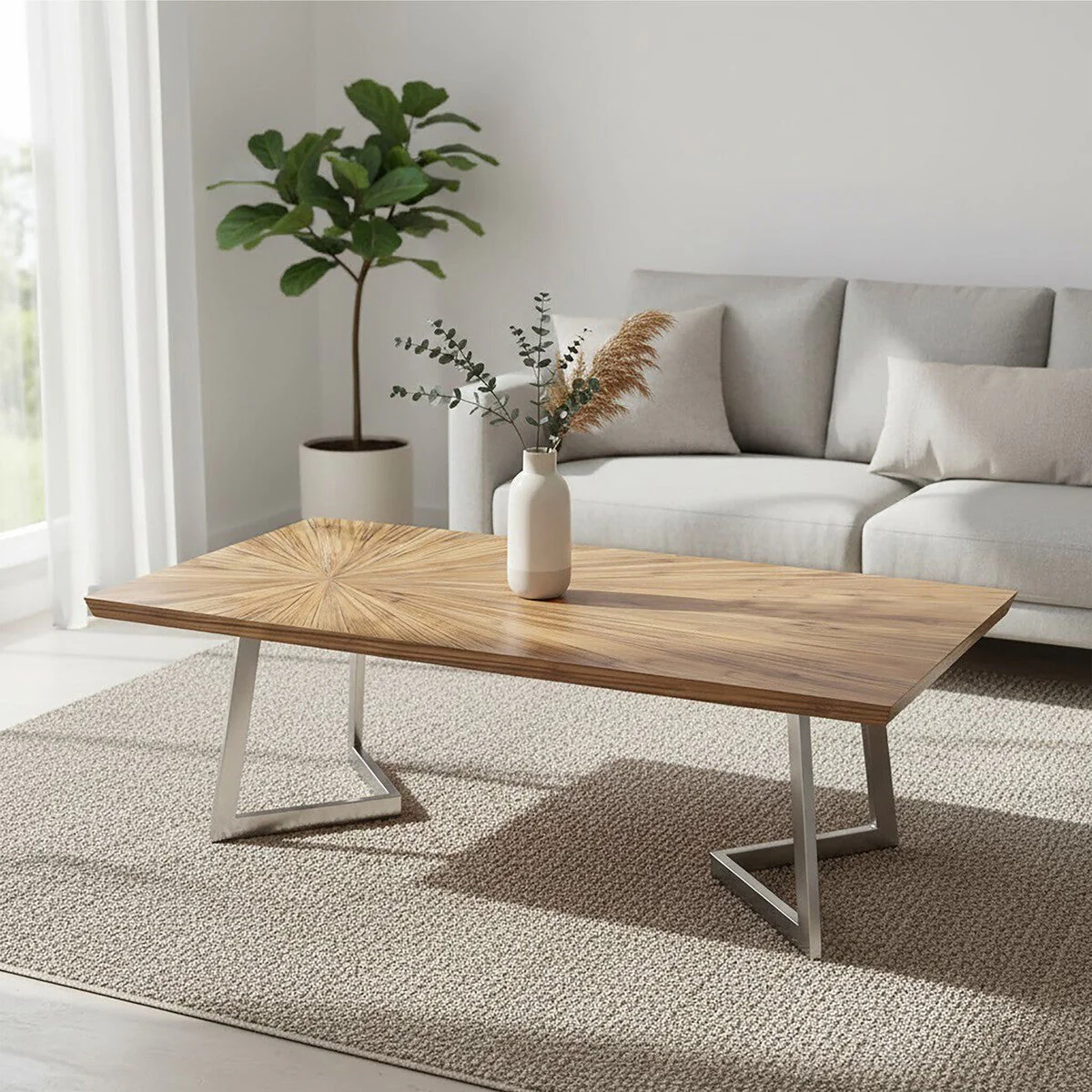 Natural Textured Bamboo Top Coffee Table with Silver Stainless Steel Frame, Gabar - Image 3