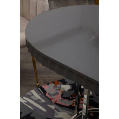 Grey High Gloss Oval Dining Table with Fluted Edge and Polished Stainless Steel Sledge Base, Genoa - Image 5