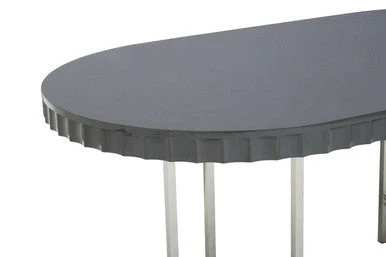 Grey High Gloss Oval Dining Table with Fluted Edge and Polished Stainless Steel Sledge Base, Genoa - Image 8