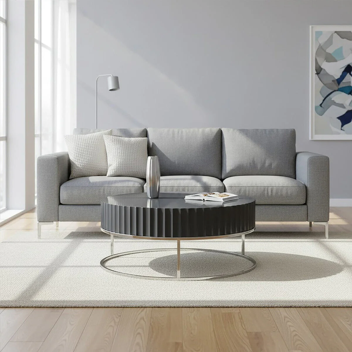 Grey Gloss Finish Wooden Coffee Table with Stainless Steel Base, Genoa - Image 3