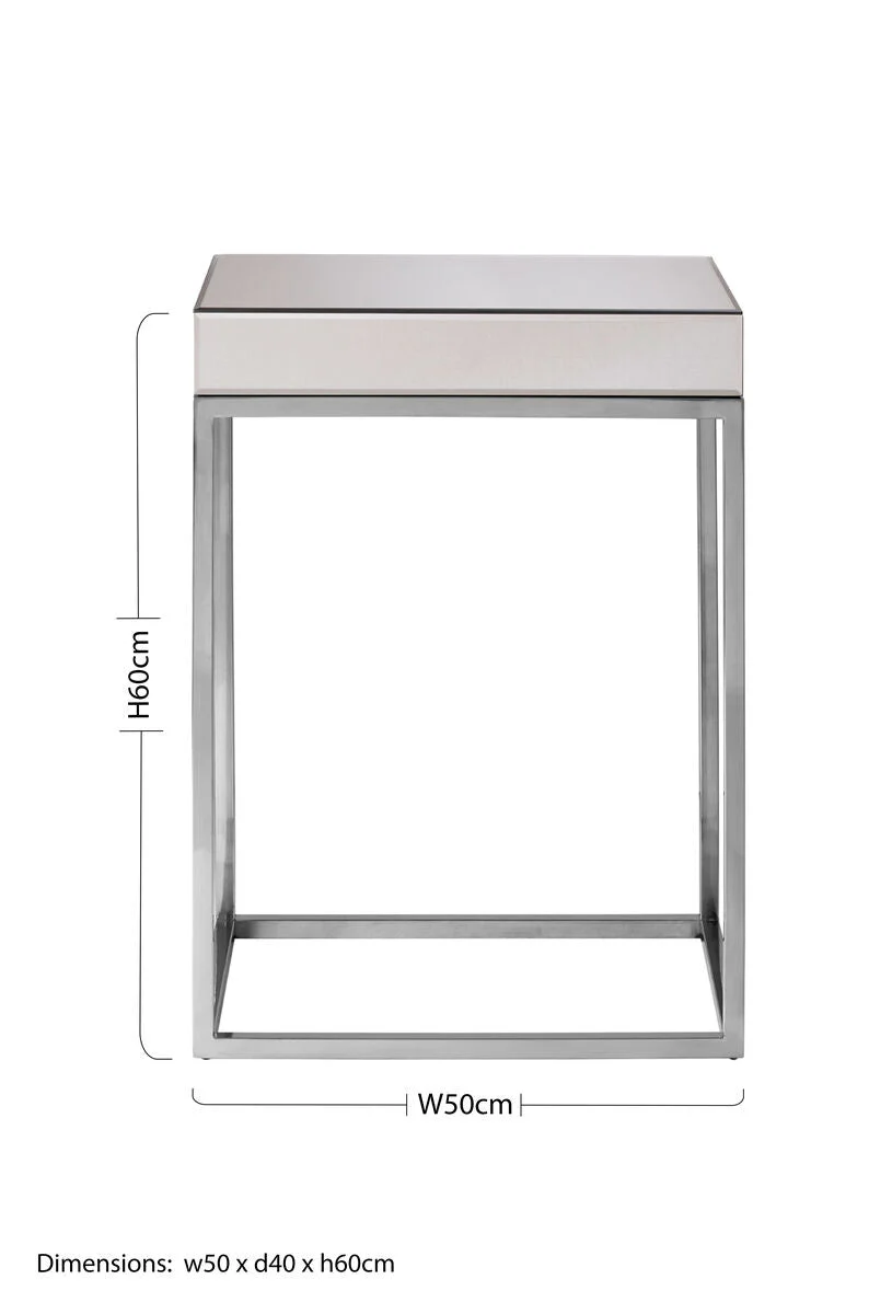 Silver Mirrored and Wooden Side Table with Stainless Steel Frame, Gianna - Image 5