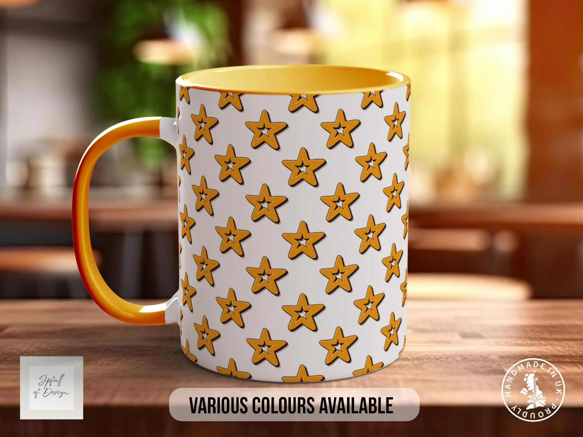 Gold on White Retro Stars Pattern Full Wrap Coloured Art Mug - Design 10
