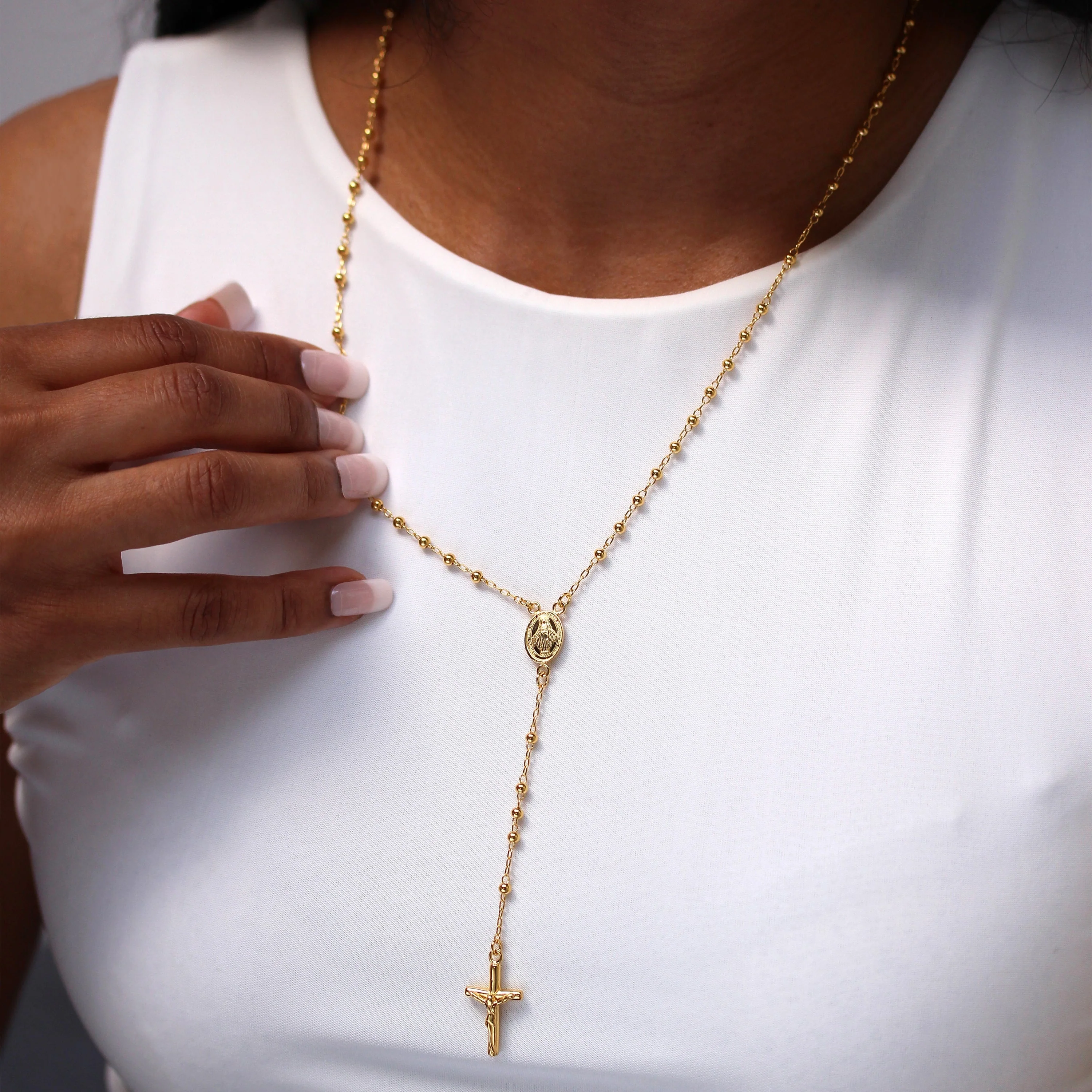 Gold Plated Sterling Silver Rosary Bead Necklace - 20 Inches - Image 2