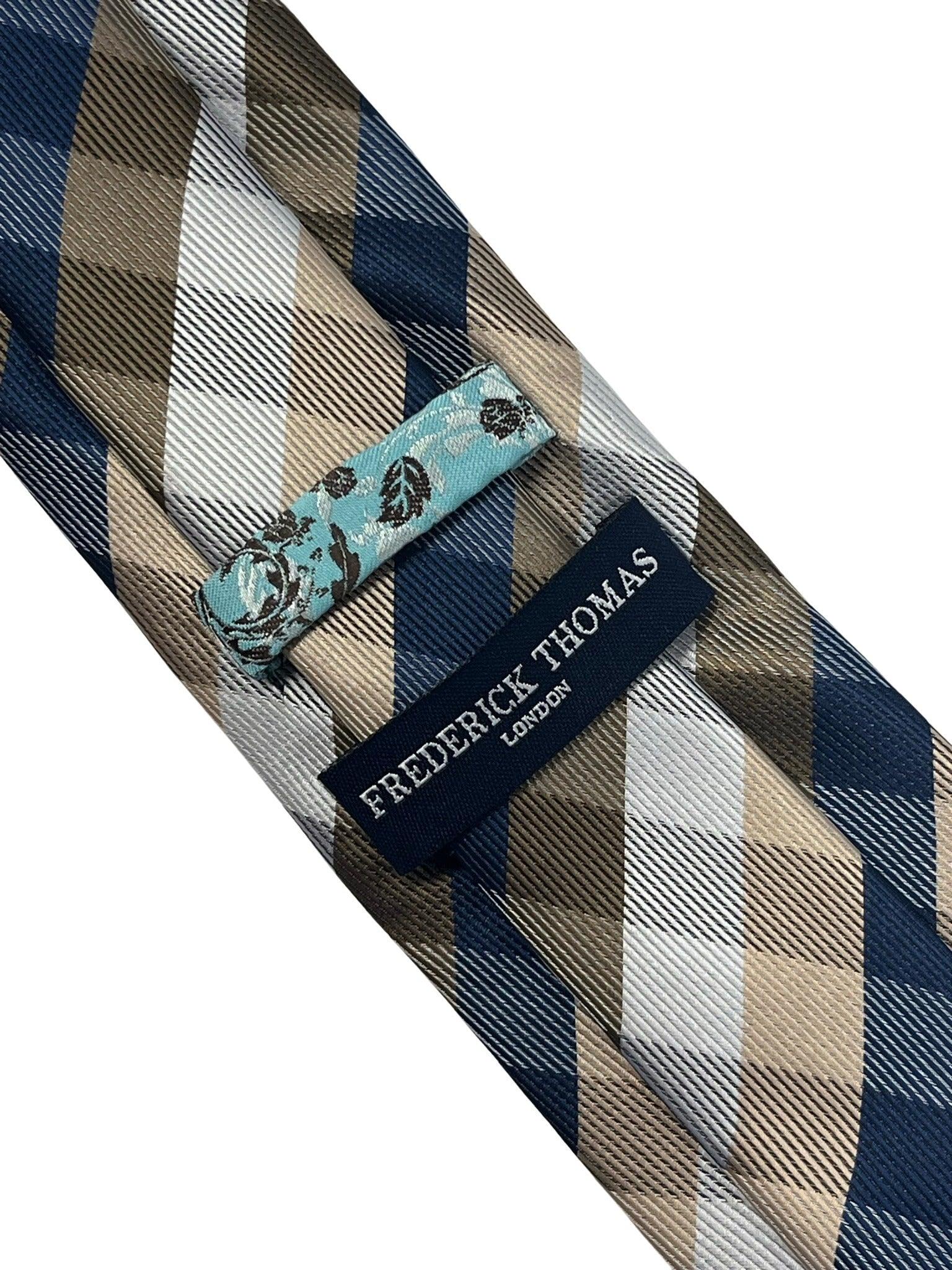 Gold, silver and navy dark blue plaid checked tie - Image 4