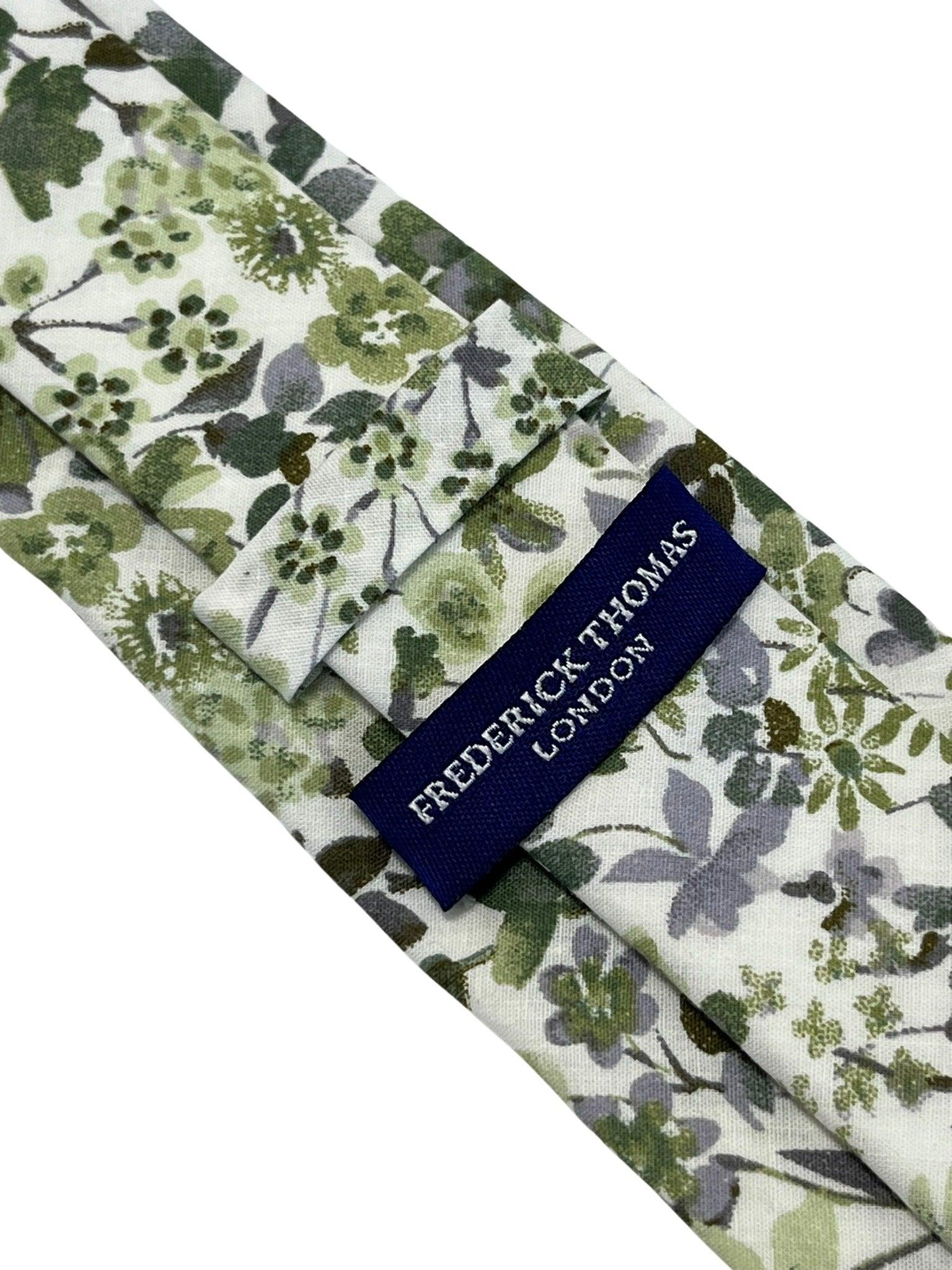 Green and white tie with wildflower English meadow spring floral garden cotton design - Image 4