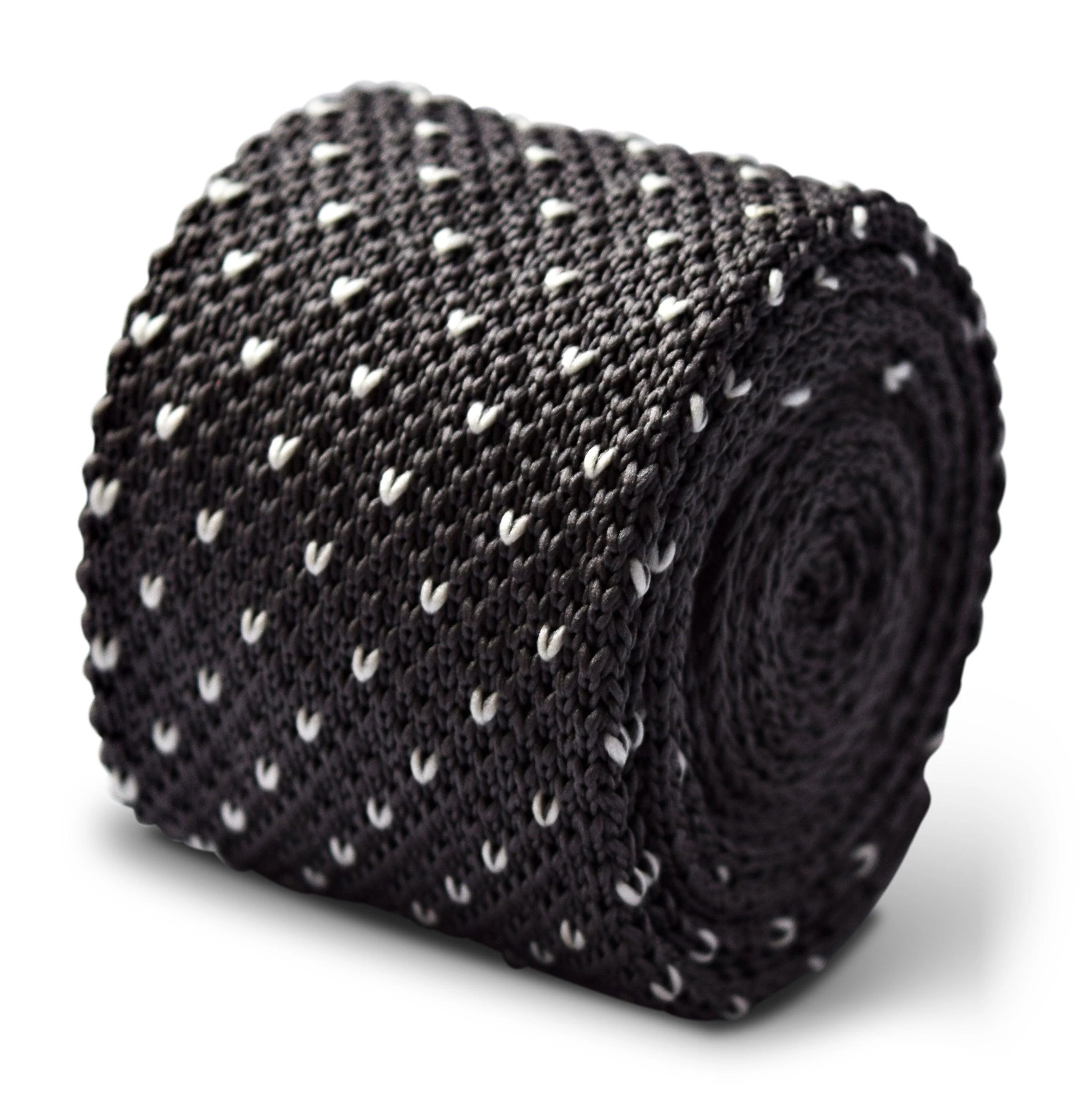 grey skinny knitted tie with white pin spots